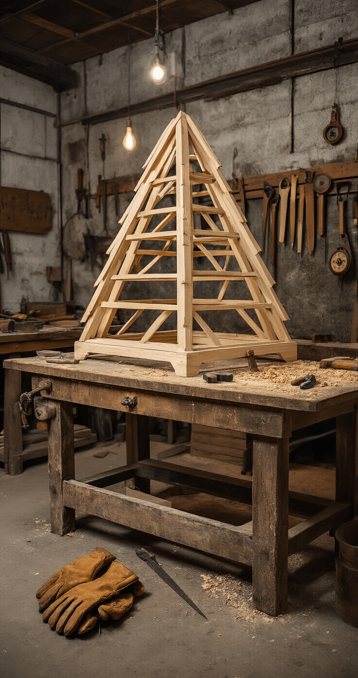 Hoe Maak Ik Een Houten Kerstboom? Mijn Complete Stap-voor-Stap Gids A cozy Dutch workshop adorned with woodworking tools and a partially constructed wooden Christmas tree frame, featuring a rustic workbench scattered with sawdust, vintage measuring tools and hand saws on the wall, and warm lighting highlighting the craftsmanship, alongside worn leather work gloves in the foreground.