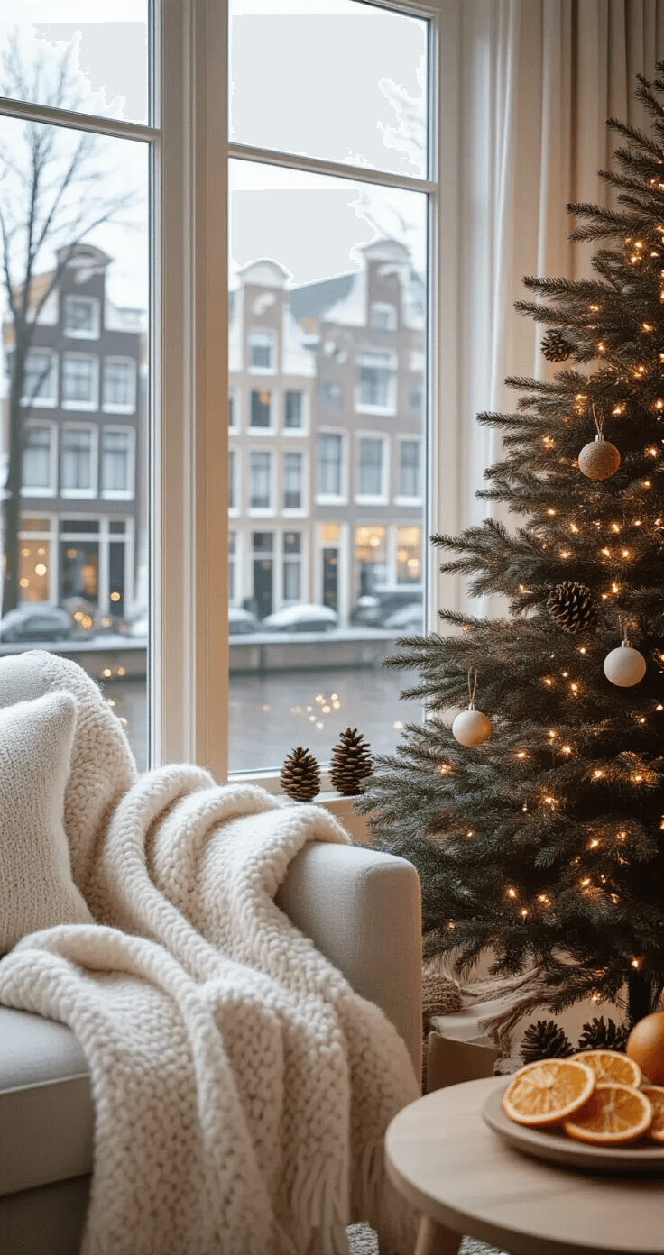 Hoe Maak Ik Een Houten Kerstboom? Mijn Complete Stap-voor-Stap Gids A cozy Dutch living room corner featuring a wooden Christmas tree adorned with minimalist LED lights and natural ornaments, a wool throw on a chair, and a snowy Amsterdam streetscape visible through the window, with styled decor including dried orange slices and pinecones in a neutral color palette.