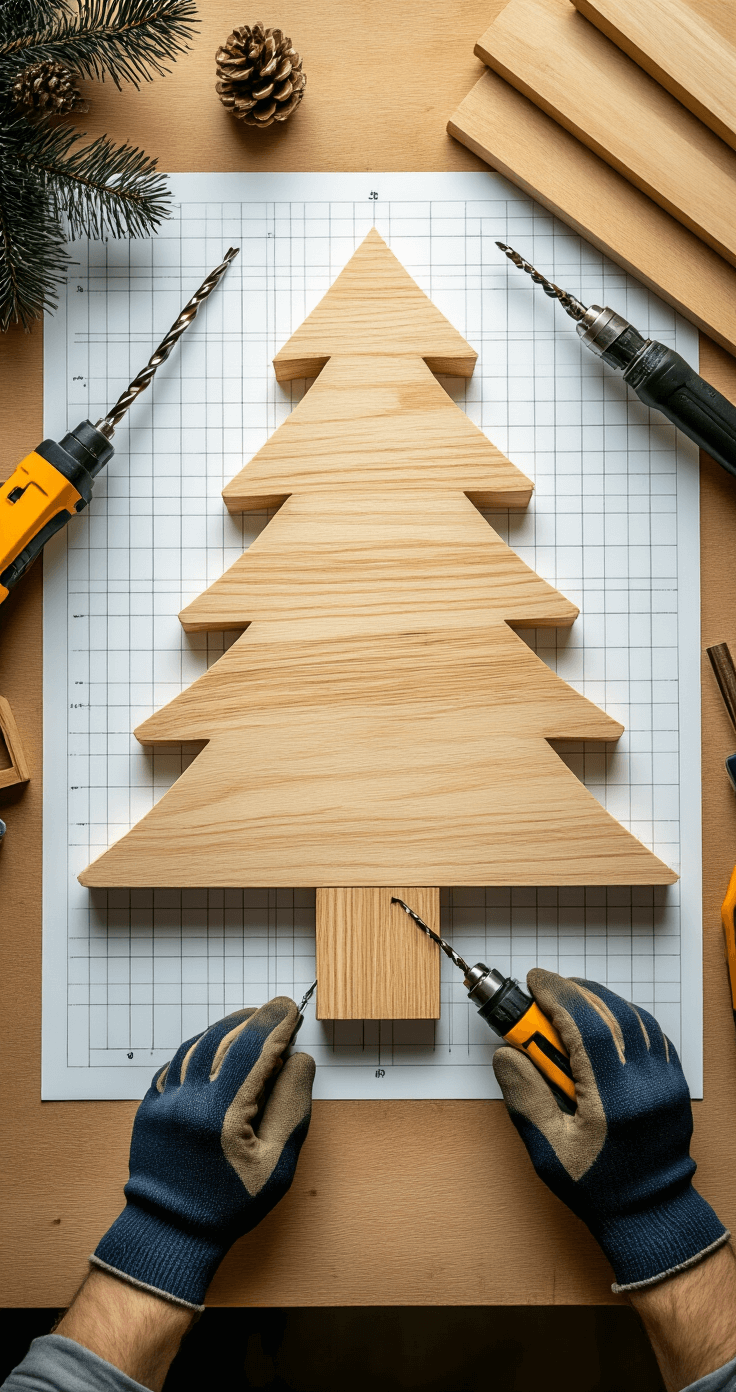 Hoe Maak Ik Een Houten Kerstboom? Mijn Complete Stap-voor-Stap Gids Een stap-voor-stap constructie van de montage van een houten kerstboom, bovenaanzicht met nauwkeurige metingen en boren van houten planken, professioneel gereedschap zorgvuldig gerangschikt, rasterpapier met precieze afmetingen op de achtergrond, handen in beschermende houtbewerkingshandschoenen, natuurlijk daglicht dat de werkruimte verlicht, gedetailleerde close-up van het boorproces met technische precisie.