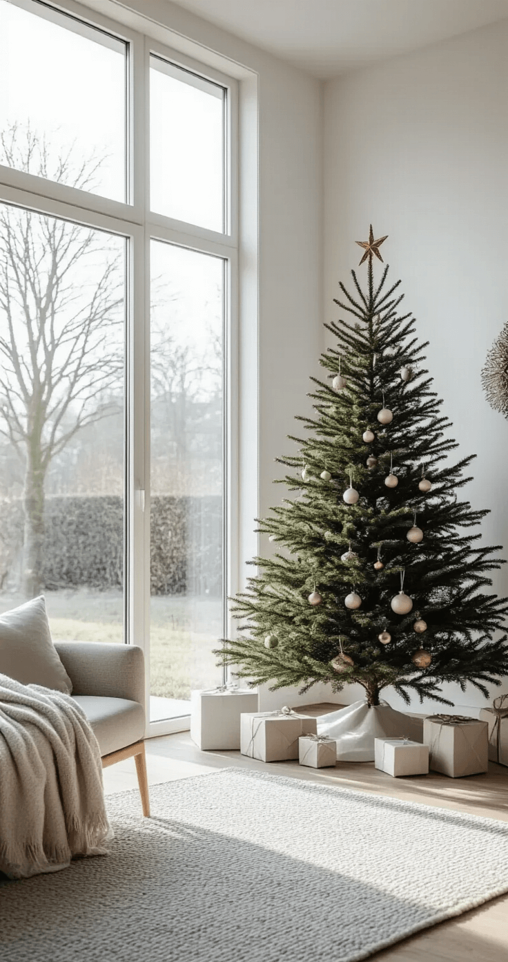 Hoe Maak Ik Een Houten Kerstboom? Mijn Complete Stap-voor-Stap Gids A festive Dutch home interior featuring a fully decorated wooden Christmas tree in Scandinavian minimalist style, with pure white walls, large floor-to-ceiling windows, a soft grey wool rug, and subtle geometric decorations in muted metallic tones, all bathed in soft morning winter light.