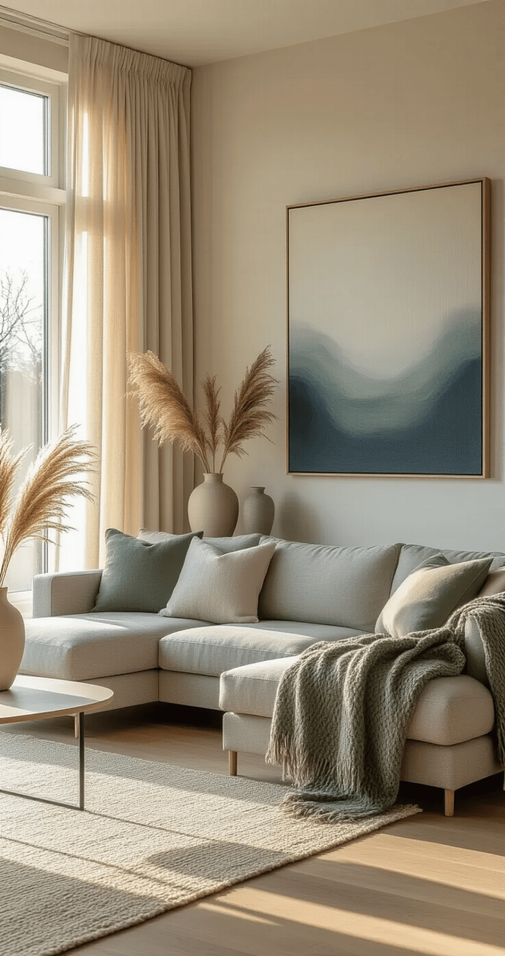 A warm Dutch living room at golden hour featuring a modern minimalist design with cream linen curtains, natural oak hardwood floors, a gray sectional sofa adorned with sage green throws, and a large abstract canvas in blue and white. The space has handmade ceramic vases with dried pampas grass, creating a tranquil atmosphere filled with soft shadows and a harmonious color palette of warm neutrals and natural wood tones.