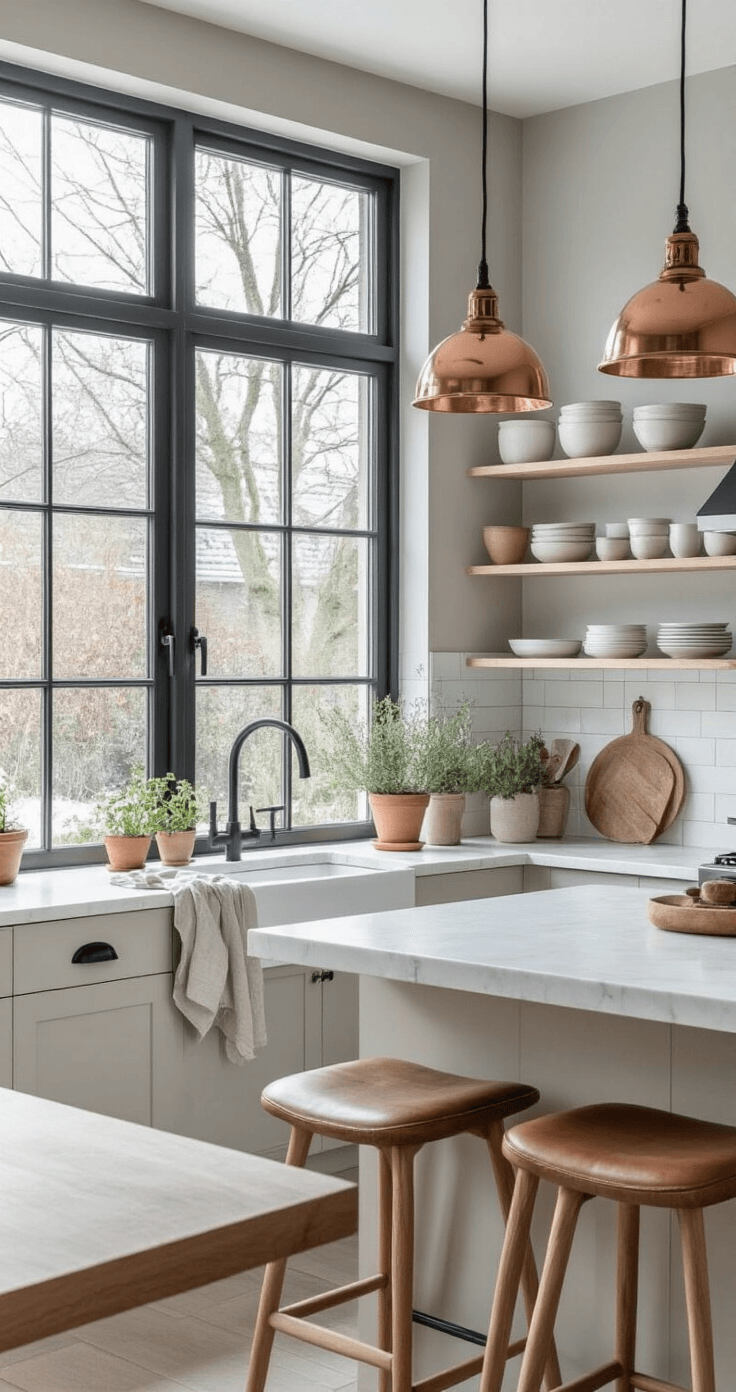 Cozy Scandinavian-inspired Dutch kitchen featuring large windows, white marble countertops, matte black fixtures, open shelving with ceramic dishes, and natural light. Wooden bar stools, hanging copper lights, fresh herbs in terracotta pots, soft gray walls, and natural linen towels complete the inviting space.