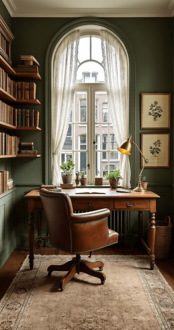 Intiem thuiskantoor in een traditionele Amsterdamse canal house, met een antiek houten bureau bij een hoge boogvormige raam met witte kanten gordijnen. Een vintage lederen stoel, een koperen bureaulamp met warm amberlicht, en muren geschilderd in diepgroen. Drijvende eikenplanken met een verzameling boeken en botanische prints. Handgeweven wollen tapijt in gedempte aardetinten en zachte ochtendlicht dat schaduwen en diepte creëert, met schrijfmateriaal en een vetplant op het bureau.