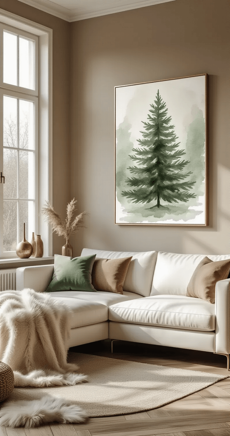 Kerstboom Schilderen: Zo Creëer Je De Mooiste Kunstwerken Dit Seizoen Photorealistic Dutch living room with large windows allowing soft winter afternoon light, featuring an impressionistic watercolor Christmas tree painting in sage and forest green on a warm taupe wall, a contemporary white leather sectional sofa, natural oak wood flooring, and subtle Nordic styling with sheepskin throw and muted brass decor.
