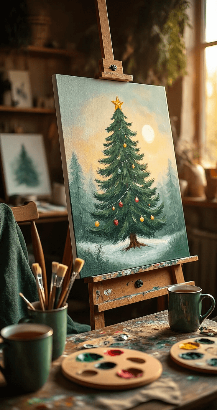 Kerstboom Schilderen: Zo Creëer Je De Mooiste Kunstwerken Dit Seizoen Een gezellige thuiskunststudio met een rustieke houten ezel waar een groot acrylcanvas van een kerstboom op staat. Voorgrond met kwasten en een schilderspalet, keramische mokken met dampende thee, verspreide kunstbenodigdheden en een textiel linnen schort over een stoel. De warme gloed van het late namiddaglicht creëert een uitnodigende sfeer, met een kleurpalet van smaragdgroen en diep bosgroen. Macro perspectief legt de details van de creatieve werkruimte vast, terwijl de achtergrond in zachte focus extra kunstwerken onthult.