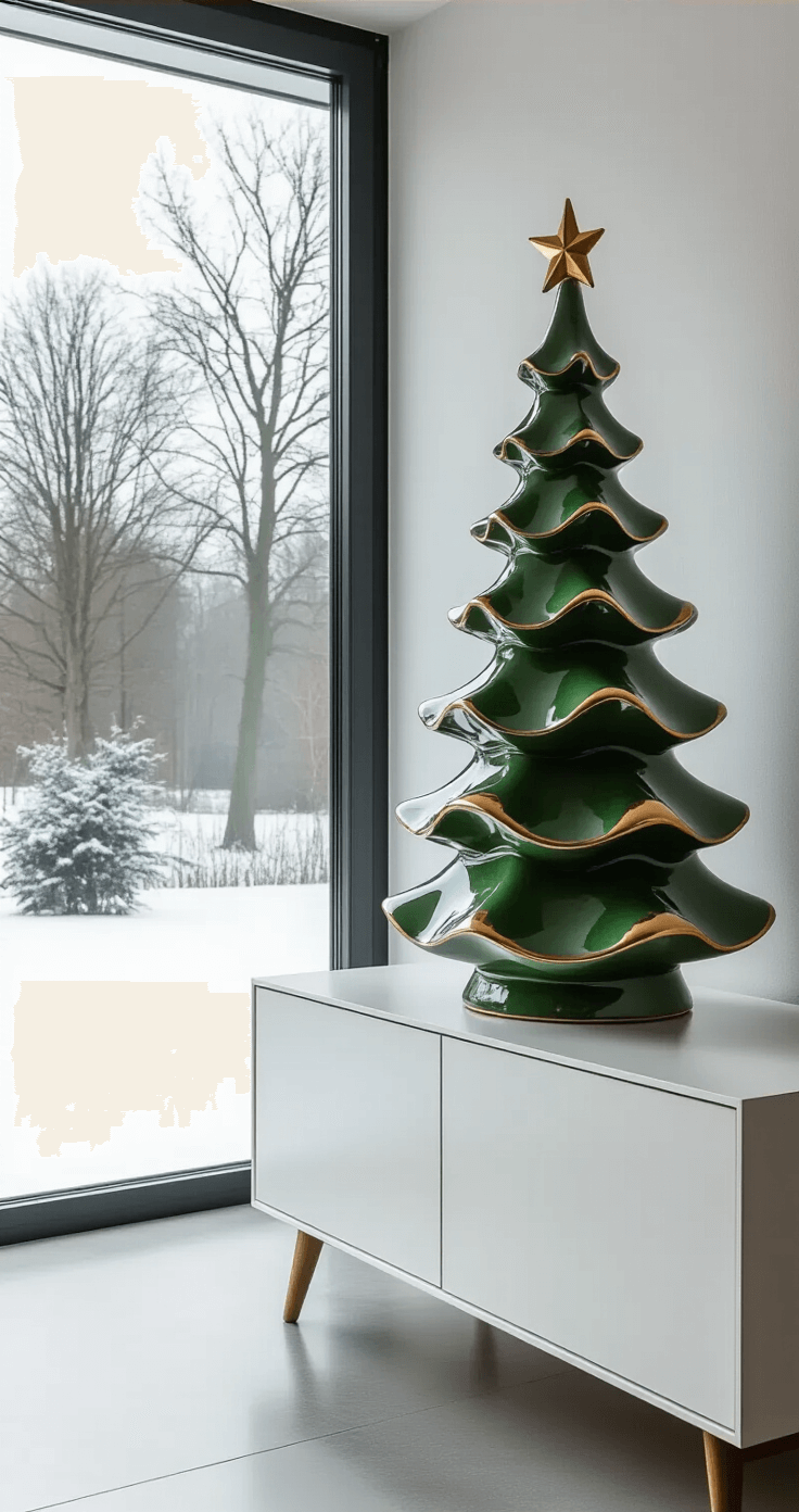 Kerstboom Schilderen: Zo Creëer Je De Mooiste Kunstwerken Dit Seizoen Modern Dutch apartment interior showcasing a hand-painted keramische kerstboom ceramic Christmas tree on a mid-century modern white sideboard, illuminated by soft natural light through large floor-to-ceiling windows, with a winter landscape outside and a concrete floor enhancing the minimalist aesthetic.