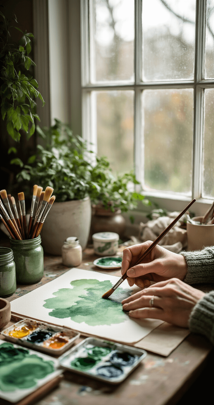 Kerstboom Schilderen: Zo Creëer Je De Mooiste Kunstwerken Dit Seizoen Intieme werkplekscene met hands-on kerstkaart schilderproces, aquareltechnieken op hoogwaardig gestructureerd papier, meerdere groentinten, professioneel geordende penselen, zacht natuurlijk licht van een noordgerichte raam, close-up macrofotografie die verfstructuur en waterdruppelinteracties toont, gedempte kleurenpalet van salie, bosgroen en warme papertinten.