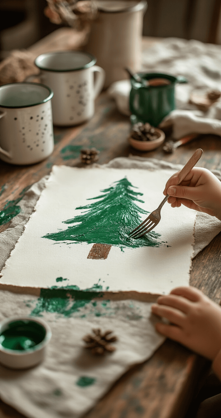 Kerstboom Schilderen: Zo Creëer Je De Mooiste Kunstwerken Dit Seizoen Rustieke vakantiescène met een kind dat de vorkschildertechniek toepast voor kerstboomkunst, handjes in actie, groene verf op een houten tafel, meerdere verfkleuren, natuurlijke linnen tafelkleed, zachte diffuse keukenverlichting, vintage emaille mokken op de achtergrond, documentair-stijl fotografie die het creatieve moment vastlegt, licht gedesatureerd warm kleurenpalet.
