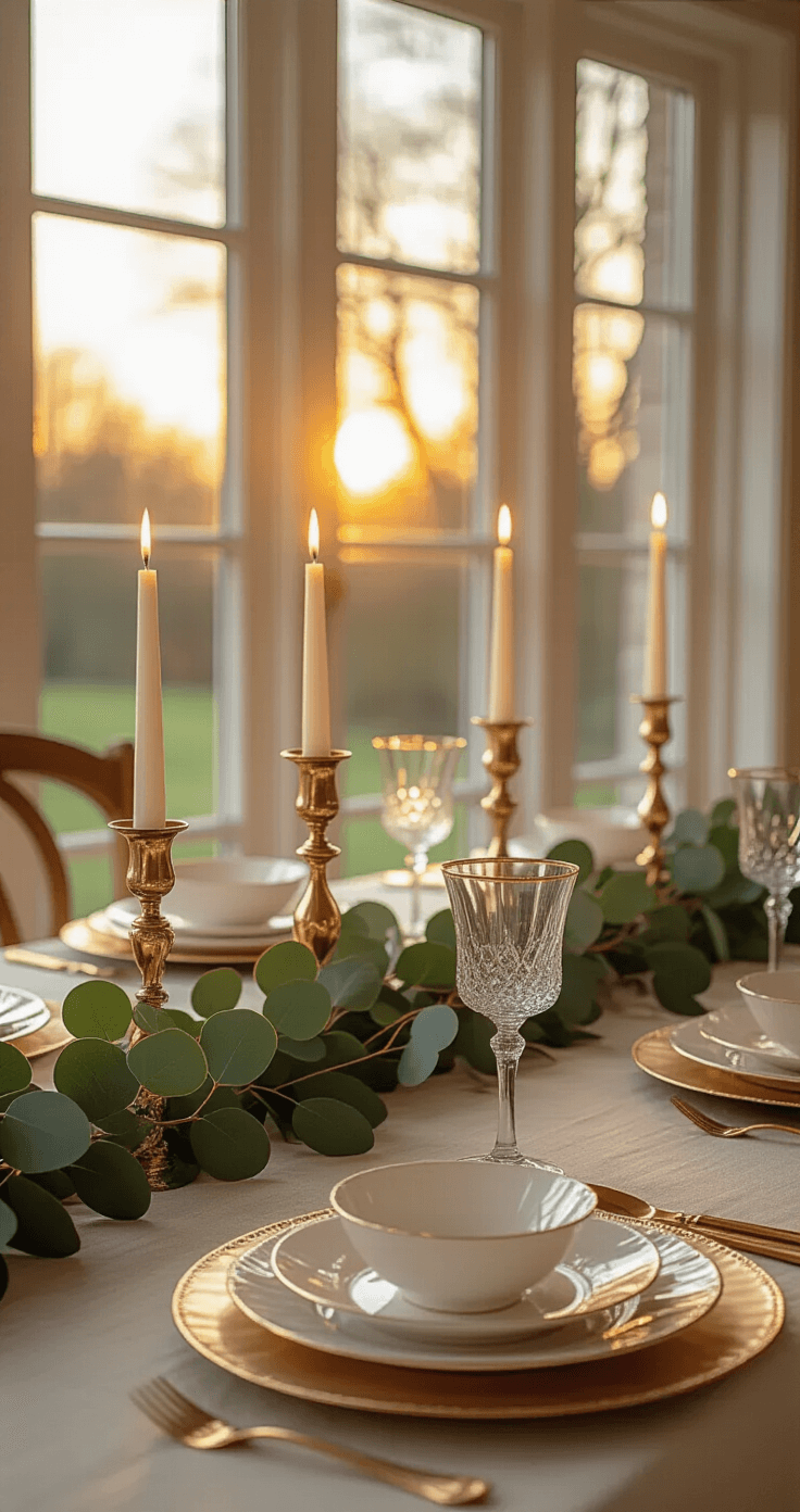 Gouden Kerst Tafel Decoraties: Zo Maak Jij van Je Kersttafel Een Warm-Chique Blikvanger A luxurious Dutch dining room at golden hour, featuring a cream linen tablecloth with a eucalyptus garland and gold threads, vintage golden candleholders casting shadows, pristine white porcelain on gold charger plates, all bathed in soft warm light from large windows.