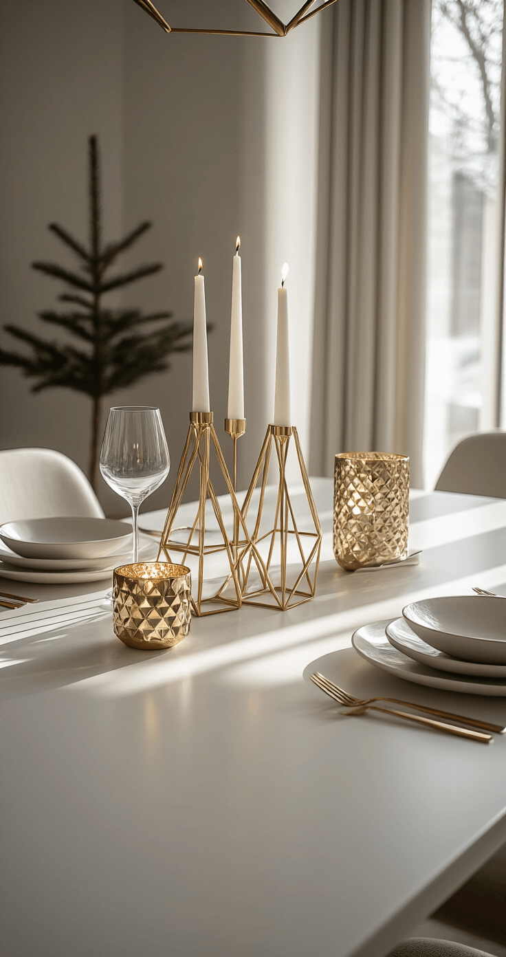 Gouden Kerst Tafel Decoraties: Zo Maak Jij van Je Kersttafel Een Warm-Chique Blikvanger A modern Dutch living space featuring a minimalist Christmas table with a pure white base and gold geometric accents, sleek metallic candle holders, and angular decor. Soft ambient lighting casts dramatic shadows, with natural winter afternoon sunlight illuminating one side. The scene showcases Scandinavian-inspired styling in muted whites, soft grays, and champagne gold, seen from an overhead perspective with curated negative space.