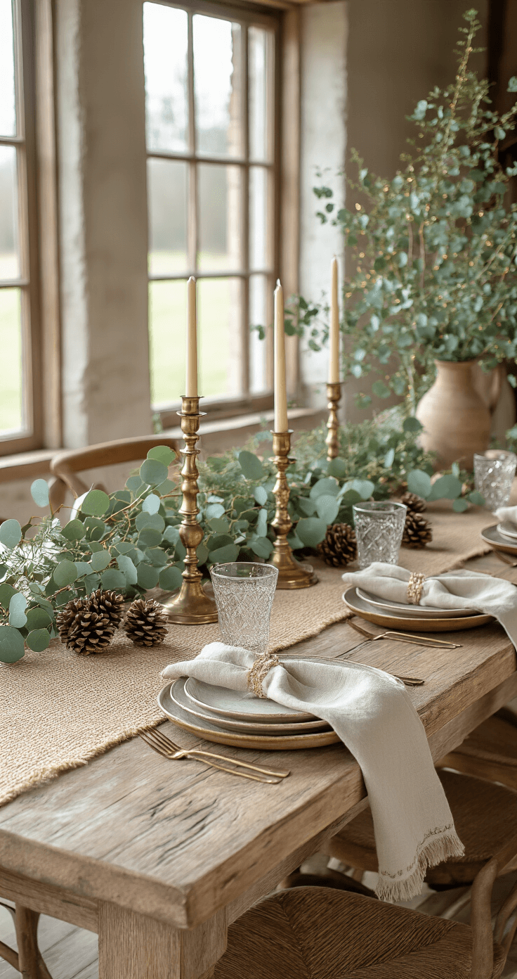 Gouden Kerst Tafel Decoraties: Zo Maak Jij van Je Kersttafel Een Warm-Chique Blikvanger A rustic-chic Dutch farmhouse dining area featuring a wooden table with a jute runner, vintage brass candlesticks, and matte gold spray-painted pine cones, adorned with earthy green eucalyptus and delicate golden wire. Soft linen napkins and handcrafted ceramic plates complement the warm afternoon light streaming through barn-style windows, highlighting the natural textures in a slightly desaturated color palette.
