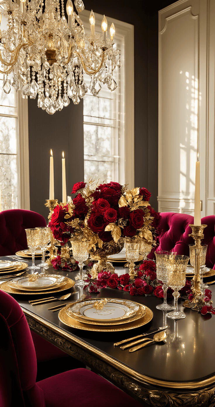 Gouden Kerst Tafel Decoraties: Zo Maak Jij van Je Kersttafel Een Warm-Chique Blikvanger A luxurious Dutch holiday dining room featuring deep burgundy velvet chairs, gold-rimmed table settings, crystal chandeliers, and an opulent floral centerpiece, all illuminated by warm candlelight and dramatic shadows.