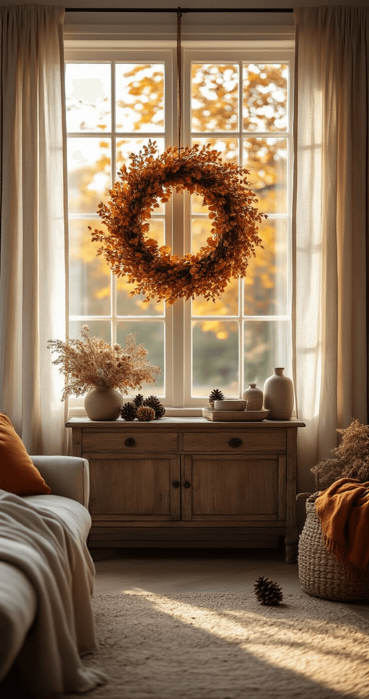 Herfstkrans Maken: Mijn Complete Gids Voor Een Prachtige Herfstdeur A cozy Dutch living room featuring warm autumn light filtering through large windows, illuminating a handcrafted wreath above a rustic sideboard, with natural linen curtains and scattered dried hydrangeas and pine cones in a muted palette of burnt orange, deep forest green, and warm brown.