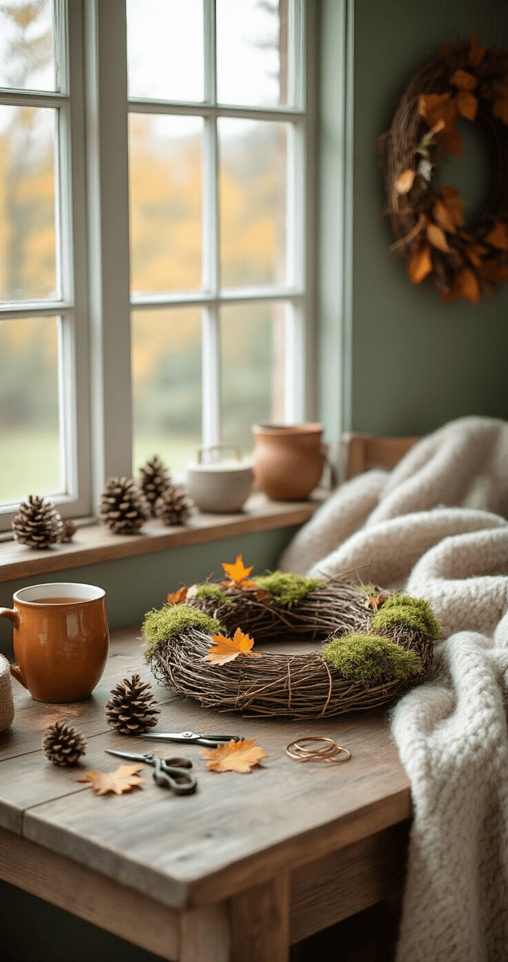 Herfstkrans Maken: Mijn Complete Gids Voor Een Prachtige Herfstdeur Intieme handwerkhoek met een gedetailleerde opstelling voor het maken van een herfstkrans, bij een groot raam met zacht diffuus licht. Houten boerderijtafel met verspreide natuurlijke materialen zoals dennenappels, gedroogde bladeren, snoeischaren, mos en koperdraad. Steekschuim basis voor de krans die gedeeltelijk is voltooid, naast een warme terracotta keramische mok met kruideninfusie. Zachte wollen deken over een nabijgelegen stoel, en muren in gedempt saliegroen, met een intieme close-up fotografiehoek die de details en texturen van het handwerk benadrukt.
