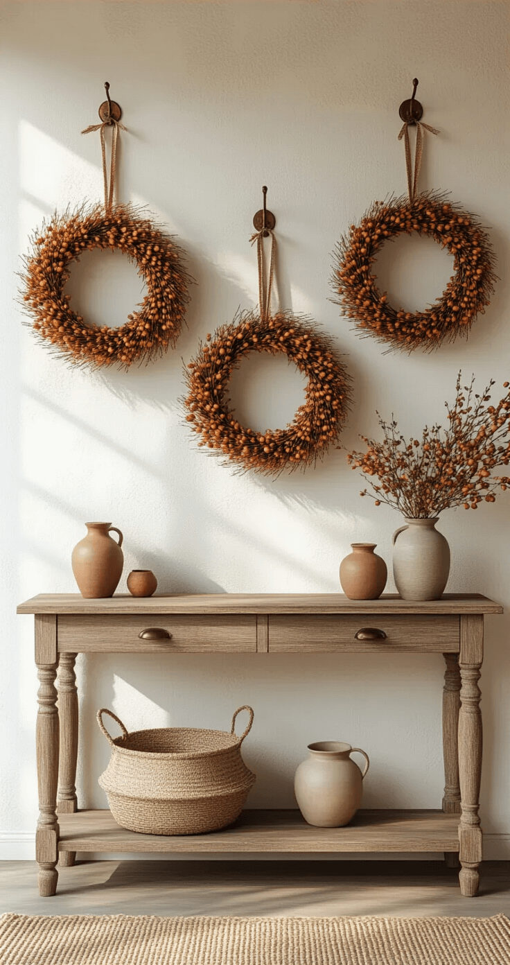 Herfstkrans Maken: Mijn Complete Gids Voor Een Prachtige Herfstdeur Rustic Dutch entryway with three asymmetrical autumn wreaths on a textured white plaster wall, warm morning light casting soft shadows, featuring jute ribbon details and natural materials like dried skimmia, physalis, and pine branches. Vintage copper coat hooks and a worn wooden console table with a small ceramic vase complement the subtle autumn color palette of burnt sienna, moss green, and cream. Wide view capturing depth and layered styling.