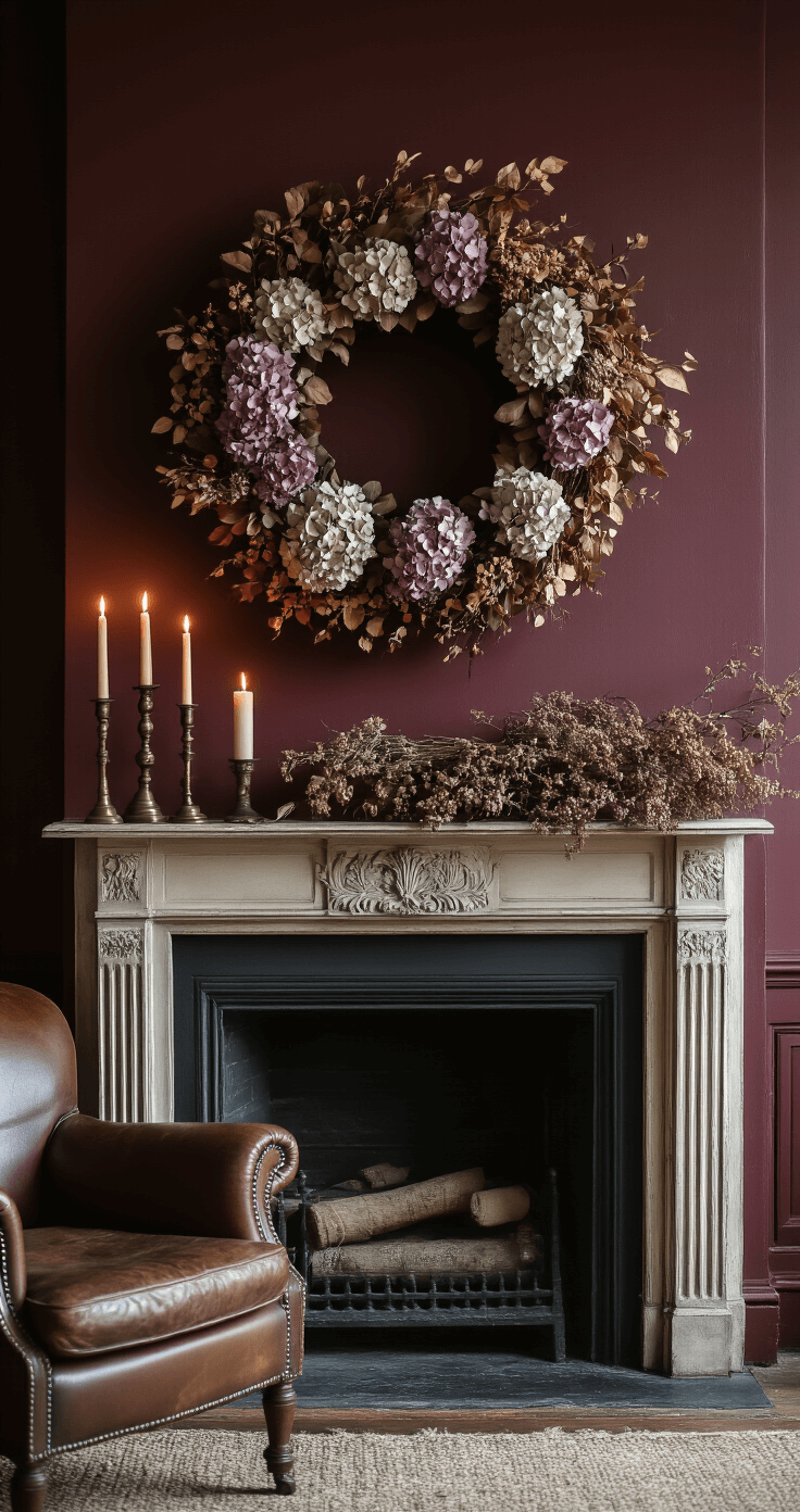 Herfstkrans Maken: Mijn Complete Gids Voor Een Prachtige Herfstdeur Stemmige interieurweergave van een herfstkrans boven een vintage open haard, met rijke bordeauxrode muren als dramatische achtergrond. Zacht kaarslicht verlicht de gedroogde bloemen, bewaarde hortensia's in zachte tinten van bleek lavendel en saliegroen. Antieke messingen kandelaar, gedeeltelijk zichtbare leren fauteuil, zware linnen gordijnen. Cinematografische verlichting benadrukt de texturen van de krans en subtiele kleurvariaties.