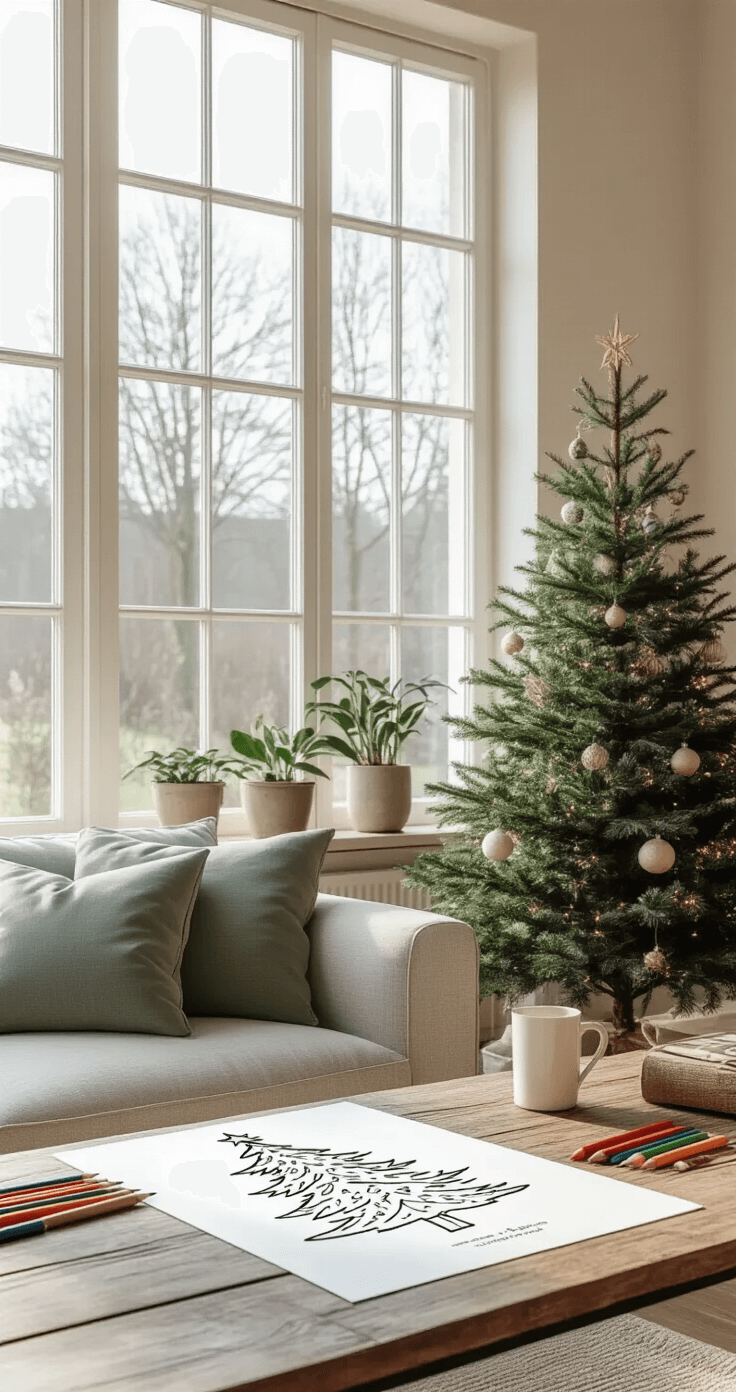 Kerstboom Kleurplaat: Alles Wat Je Moet Weten Voor Een Creatieve Kerst A cozy Dutch living room with a minimalist Christmas tree coloring page on a rustic wooden table, surrounded by high-quality colored pencils and markers. Soft winter light filters through large floor-to-ceiling windows, illuminating cream walls, a grey Scandinavian sofa with natural linen cushions, and muted green houseplants in ceramic pots.