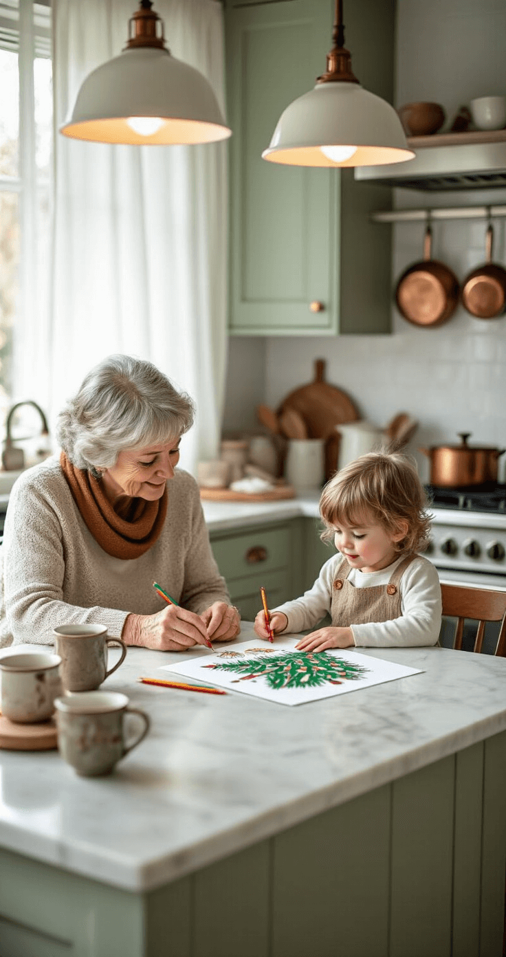Kerstboom Kleurplaat: Alles Wat Je Moet Weten Voor Een Creatieve Kerst A grandmother and young child sit at a white marble kitchen island in a cozy Dutch kitchen, coloring a large Christmas tree page together. Soft pendant lights illuminate the scene, while steaming mugs of hot chocolate sit nearby. The child's small hands grasp colored pencils, and the grandmother gently guides them with her weathered hands. The kitchen features soft sage green cabinets and hanging copper cookware, with natural light streaming through sheer white curtains, capturing a beautiful intergenerational bonding moment from an overhead perspective.