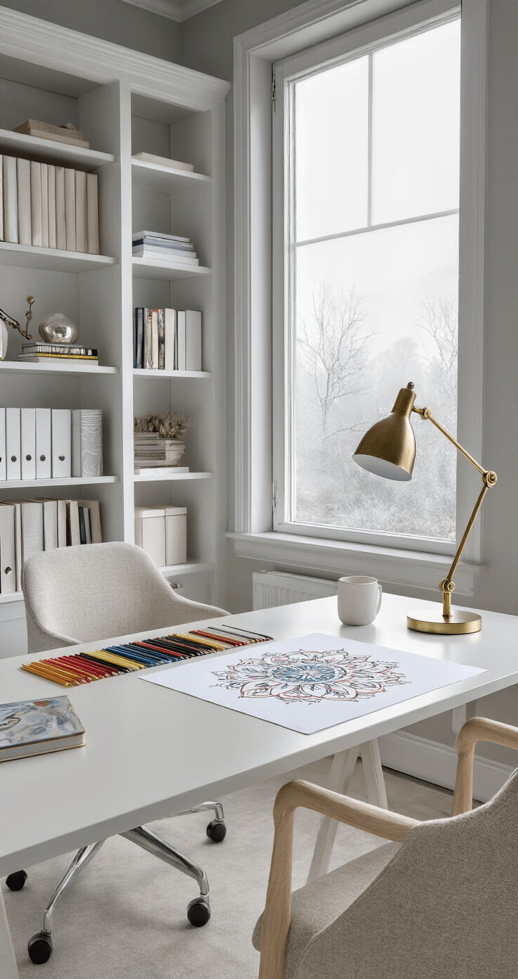 Kerstboom Kleurplaat: Alles Wat Je Moet Weten Voor Een Creatieve Kerst Een verfijnde werkruimte met een mandala-kleurplaat van een kerstboom in uitvoering, een strak wit bureau met messing accenten, premium aquarelpotloden en minimalistische Scandinavische stoel. Achtergrond met vloer-tot-plafond boekenkasten en zachte grijze muren, grote ramen met een mistig winterlandschap. Het bureau is zorgvuldig georganiseerd met een moderne messing bureau lamp die dramatische zijverlichting creëert.