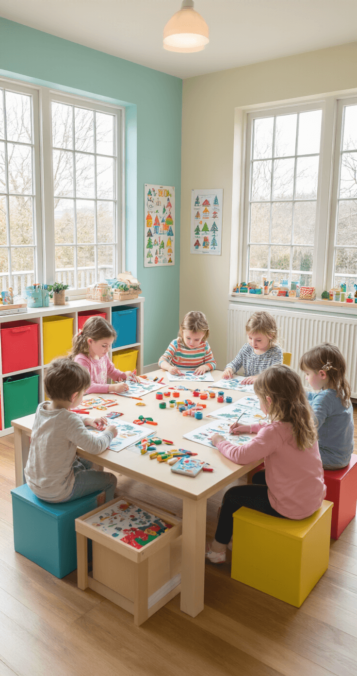 Kerstboom Kleurplaat: Alles Wat Je Moet Weten Voor Een Creatieve Kerst Een helder, luchtige Nederlandse speelkamer met meerdere kinderen rondom een grote knutseltafel, elk geconcentreerd op hun eigen kerstboom kleurplaat. Pastelkleurige muren, grote ramen die zacht natuurlijk licht binnenlaten. Kleurrijke opslagkubussen, educatieve posters, houten vloer. Kinderen van verschillende leeftijden gebruiken diverse kleurmiddelen - stiften, potloden, waskrijt. Een speelse, creatieve sfeer met verspreide kunstbenodigdheden. Breed bovenaanzicht dat de gezamenlijke creatieve energie en diversiteit van kleurstijlen vastlegt.