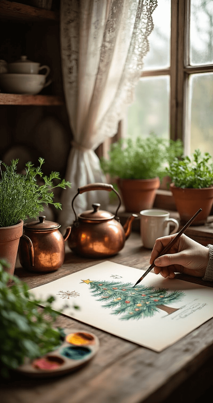Kerstboom Kleurplaat: Alles Wat Je Moet Weten Voor Een Creatieve Kerst Een rustieke boerderijkeuken met een vintage houten tafel waarop een kerstboom kleurplaat wordt ingekleurd met professionele aquareltechnieken. Zacht ochtendl licht schijnt door kantgordijnen. Antieke koperen ketel, keramische mokken en verse kruiden in terracotta potten. Aquarelkwasten en een palet met rijke, gedempte kleuren in de buurt. Zacht focus op de ingewikkelde details die worden geschilderd, met nadruk op textuur en diepte. Zijaanzicht dat het artistieke proces benadrukt.