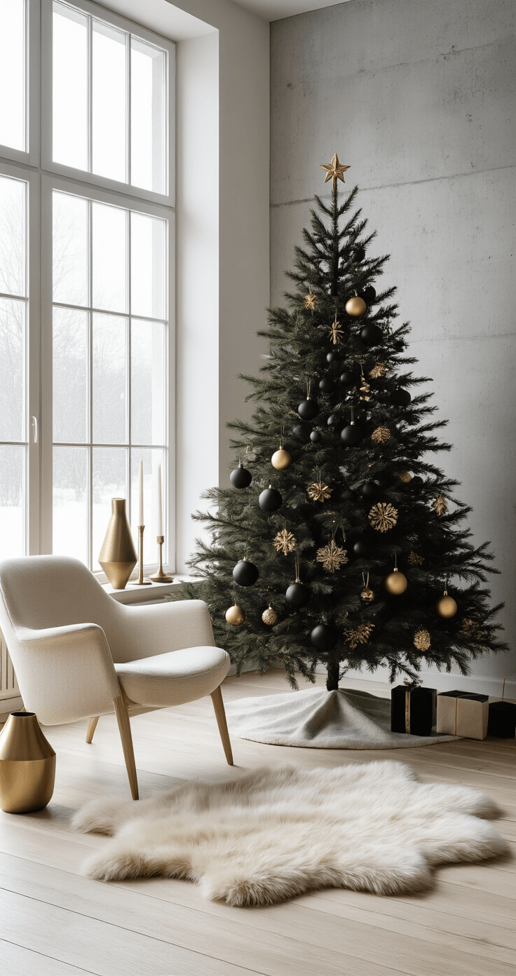 Kerstboom Zwart Goud: Zo Creëer Je Een Luxe Kerstsfeer in Huis Intieme Scandinavische interieur met een minimalistische zwarte en gouden kerstboom, pale houten vloer en grote ramen die zacht winterlicht binnenlaten. De boom versierd met geometrische gouden ornamenten en matte zwarte ballen. Zachte schapenvacht, een mid-century moderne stoel in crème en indirecte verlichting die zachte schaduwen creëert. Betonaccentmuur die contrast biedt. Verzorgde decoratieve elementen zoals een enkele messing kandelaar en geometrische vaasjes. Strakke lijnen en een monochroom palet met metallic accenten, vastgelegd in een brede shot die de serene ruimte laat zien.