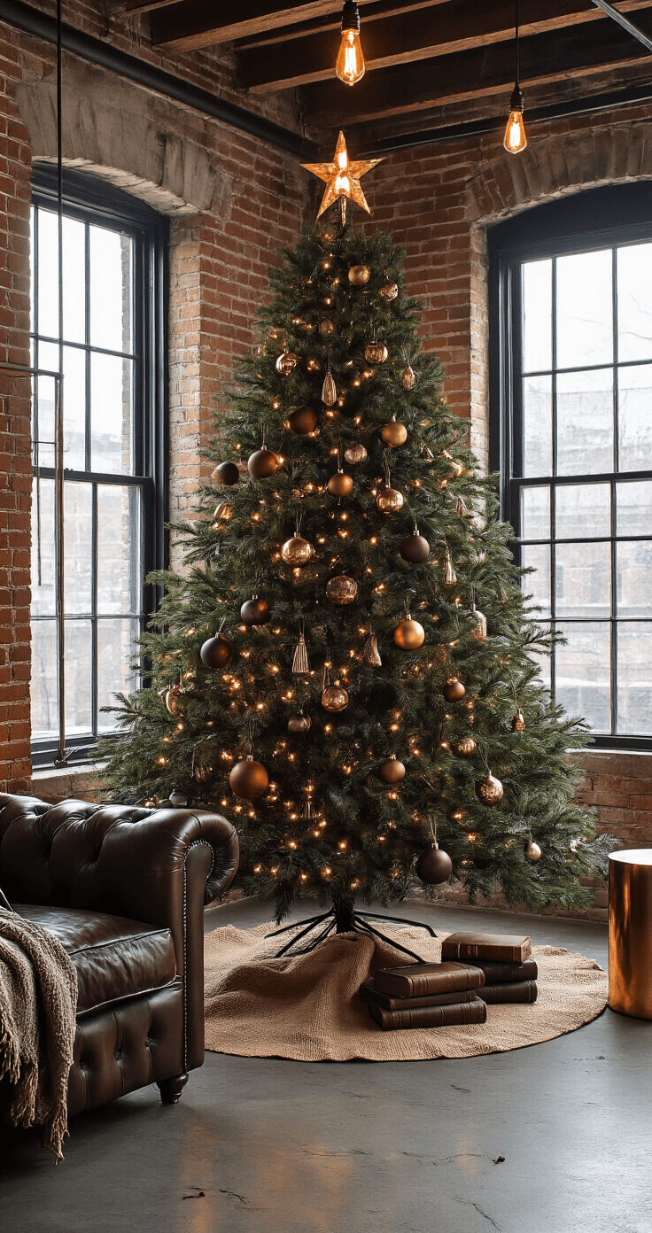 Kerstboom Zwart Goud: Zo Creëer Je Een Luxe Kerstsfeer in Huis Rustieke industriële loft met zwarte metalen kerstboom, blootgestelde bakstenen muren, betonnen vloeren, vintage metalen ornamenten, warme amber Edison-verlichting, versleten leren Chesterfield-sofa en koperen bijzettafels.