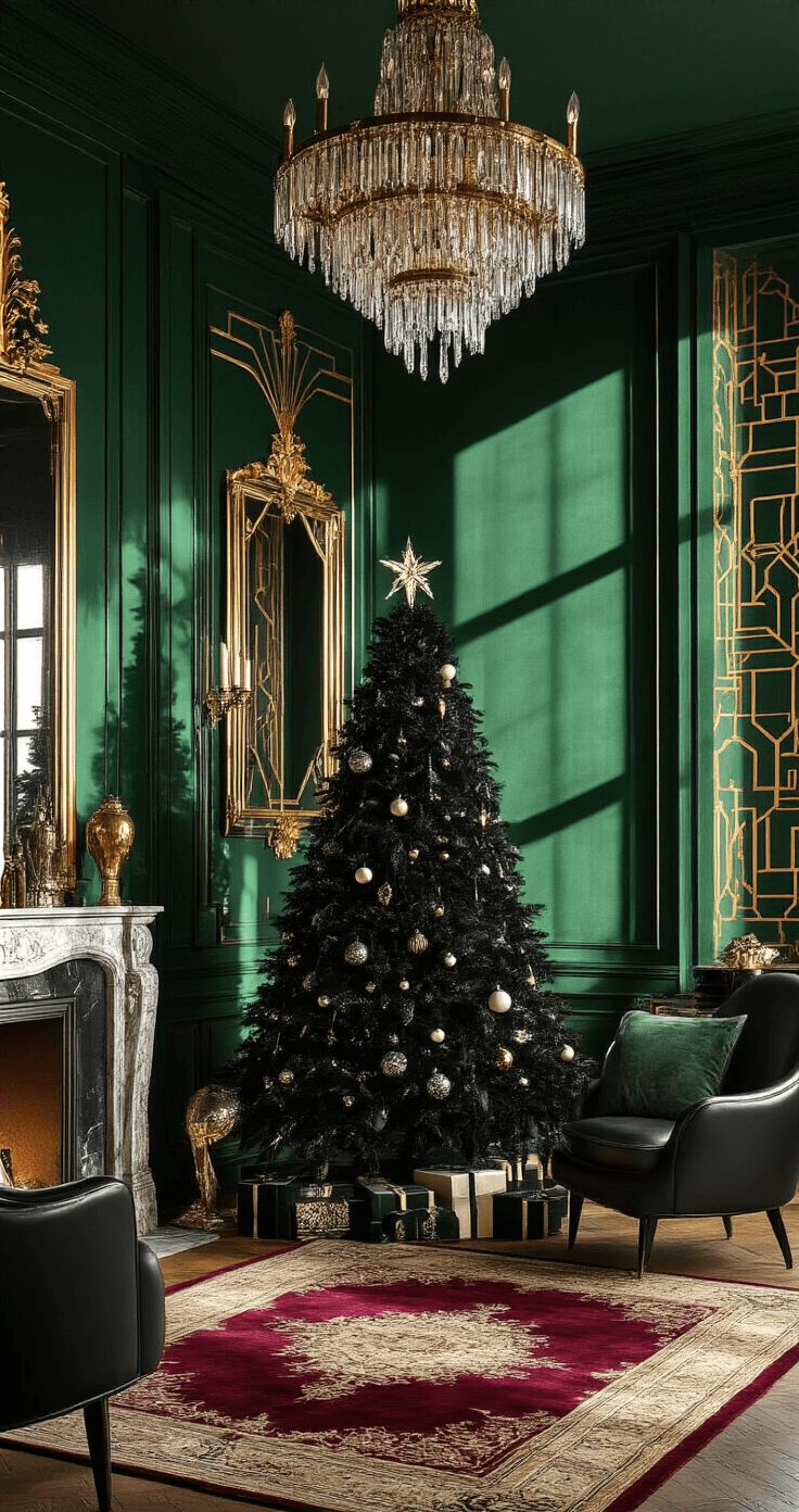 Kerstboom Zwart Goud: Zo Creëer Je Een Luxe Kerstsfeer in Huis Dramatische art deco geïnspireerde woonkamer met een zwart gelakt kerstboompje, rijke smaragdgroene fluwelen muren, gouden geometrische behangaccenten en een marmeren open haard, omringd door sculpturale mid-century stoelen in zwart leer en een weelderig Perzisch tapijt in diep burgundy en goud.