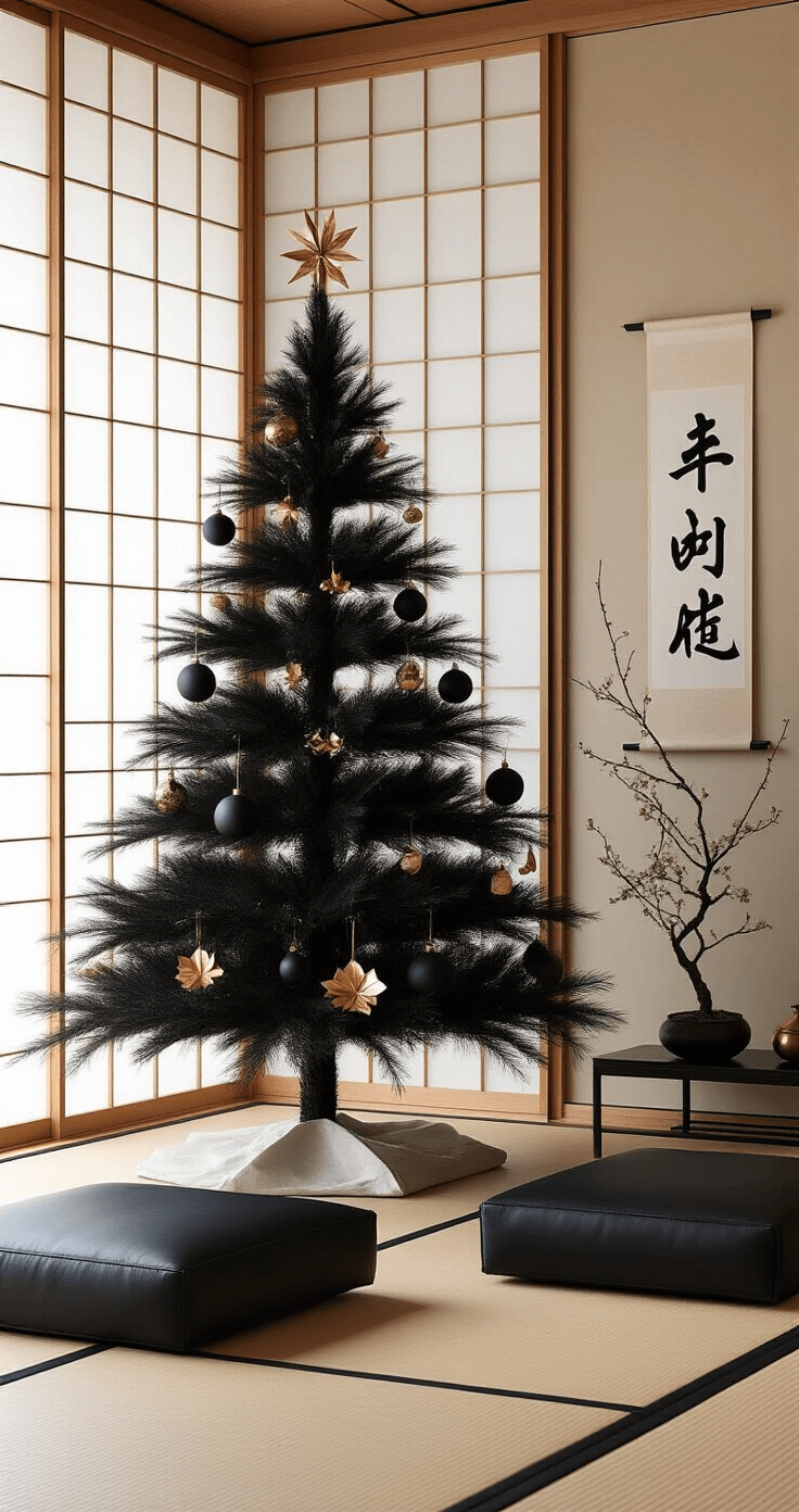 Kerstboom Zwart Goud: Zo Creëer Je Een Luxe Kerstsfeer in Huis Minimalistische Japanse-interieur met sculpturale zwarte kerstboom, lichte bamboevloeren, shoji-schermen, delicate gouden origami ornamenten, zwarte keramische ballen, ikebana-stijl bloemstukken, sommige bonsai, laag modulaire meubelen in zwart leer, tatami-stijl zitplaatsen, zacht diffuus natuurlijk licht, zen-achtige decoratieve elementen, enkele kalligrafie scroll en een bronzen wierookhouder, zorgvuldig overwogen negatieve ruimte.