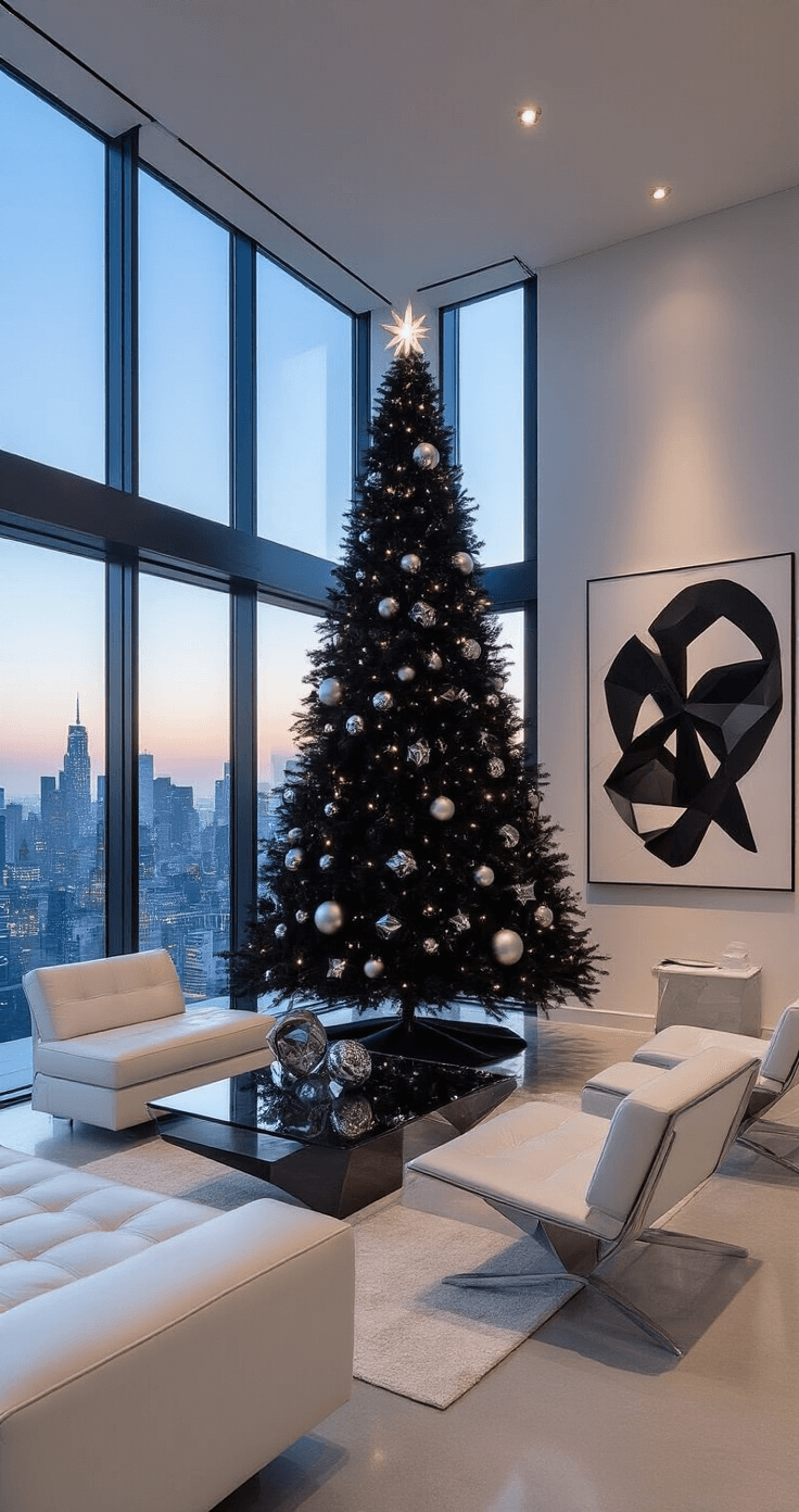 Kerstboom Zwart Goud: Zo Creëer Je Een Luxe Kerstsfeer in Huis Moderne penthouse-inrichting met een slanke zwarte kerstboom, vloer-tot-plafond ramen met uitzicht op de stad bij schemering, minimalistisch wit leren meubilair, abstract kunstwerk, gepolijste betonvloeren en strategische verlichting.