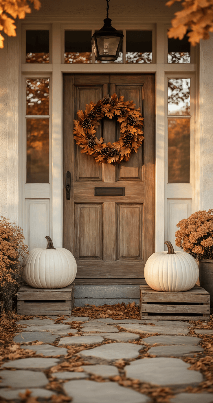 Herfstdecoraties voor je Voordeur: Zo Maak je van je Entree een Warm Welkom A warm, nostalgic Dutch farmhouse entryway at golden hour, featuring a wooden front door adorned with a vintage wreath of dried oak leaves, pine cones, and rust-colored hydrangeas. Soft light filters through, illuminating a weathered stone path, with oversized white ceramic pumpkins on aged wooden crates. The muted terracotta and sage green palette is complemented by delicate morning mist in the background.