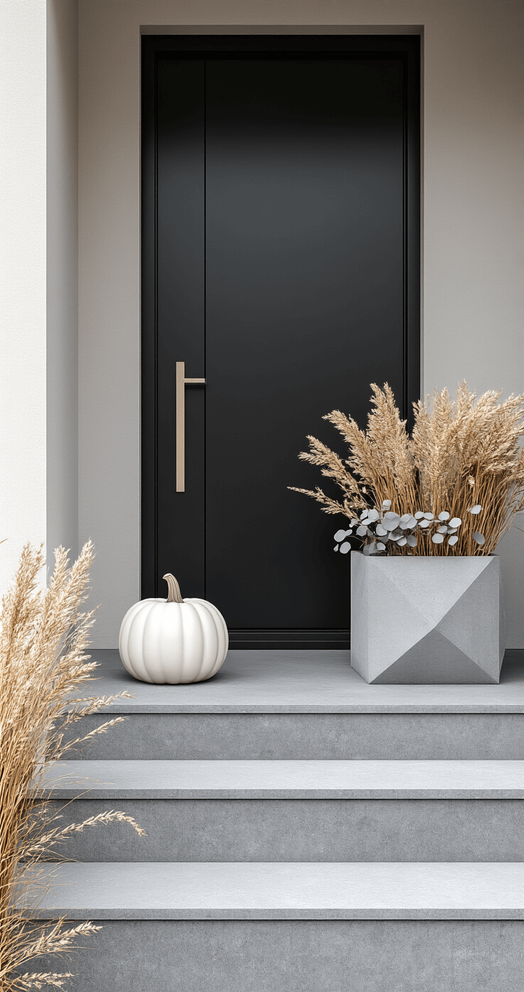 Herfstdecoraties voor je Voordeur: Zo Maak je van je Entree een Warm Welkom Modern minimalist Dutch townhouse entrance featuring a sleek black front door, a sculptural white ceramic pumpkin on a geometric concrete planter, soft grey stone steps, and a minimal fall krans made of monochromatic dried wheat and silver dollar eucalyptus, all bathed in soft northern European light with clean lines and subtle metallic accents.
