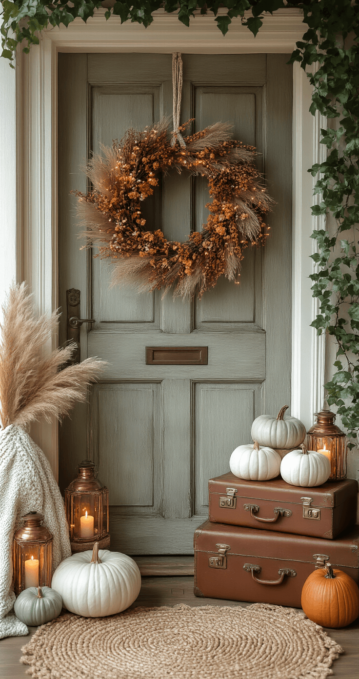 Herfstdecoraties voor je Voordeur: Zo Maak je van je Entree een Warm Welkom Cozy bohemian Dutch doorway featuring a vintage wooden door adorned with a macramé autumn wreath, layered with dried flowers and pampas grass, complemented by tiny fairy lights. The scene includes stacked vintage leather suitcases, copper lanterns with flickering LED candles, and a collection of white and sage green ceramic pumpkins. A woven jute mat and a trailing ivy plant enhance the setting, while a soft knitted throw drapes casually. The warm amber and deep forest green color scheme is bathed in soft morning light, creating an inviting atmosphere.