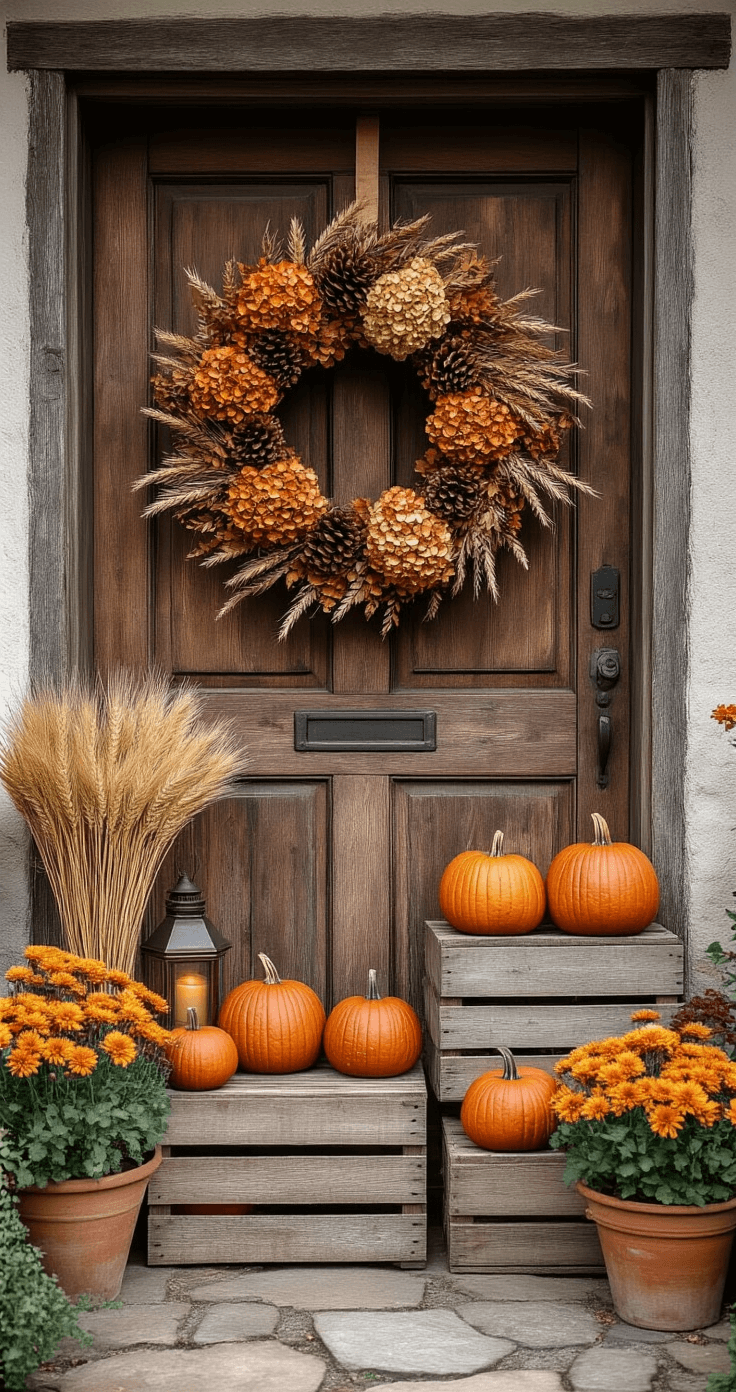 Herfstdecoraties voor je Voordeur: Zo Maak je van je Entree een Warm Welkom Rustic Dutch country cottage entrance adorned with autumn decor, featuring a reclaimed wooden door, a large handmade herfstkrans with dried hydrangeas and wheat, vintage wooden crates with colorful heritage pumpkins, and antique brass lanterns with candles, all set on a weathered stone path surrounded by wild chrysanthemums in aged terracotta pots, captured in soft diffused natural light.