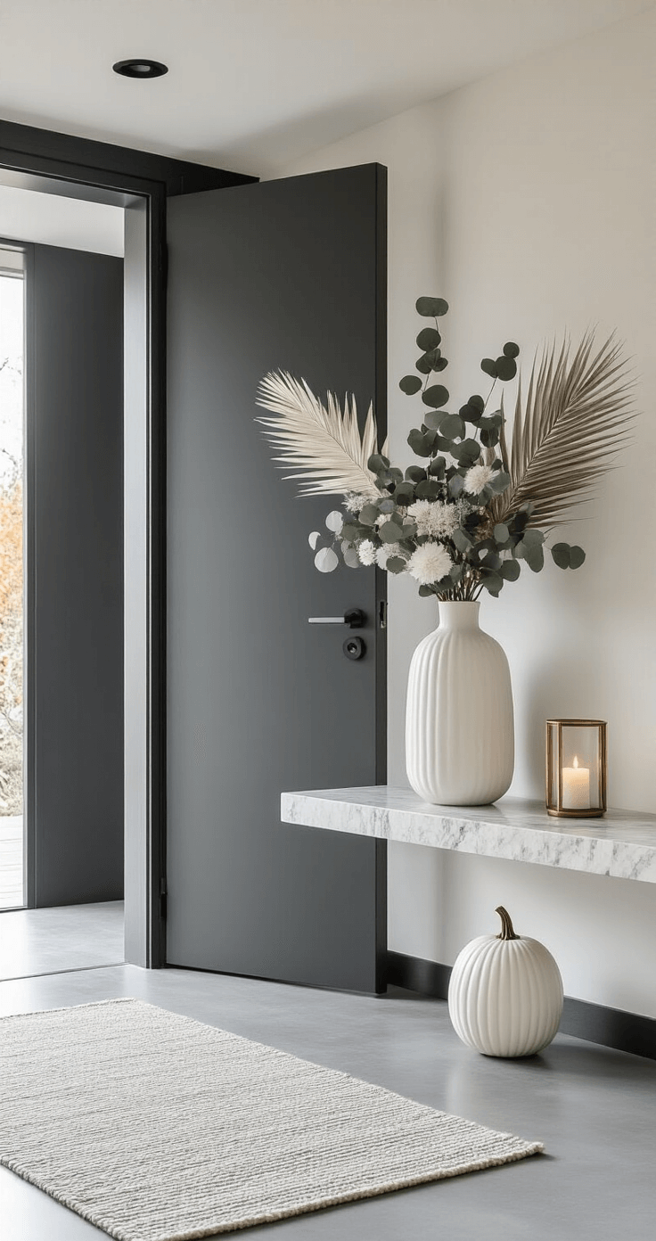 Herfstdecoraties voor je Voordeur: Zo Maak je van je Entree een Warm Welkom Contemporary urban Dutch apartment entryway featuring a sleek charcoal grey door, minimalist autumn krans in grey and white with preserved eucalyptus and bleached palm leaves, a single oversized white ceramic pumpkin on a floating marble console, and a geometric brass lantern with an LED candle, all set on a concrete floor with an abstract wool runner in muted sage tones under soft northern light.