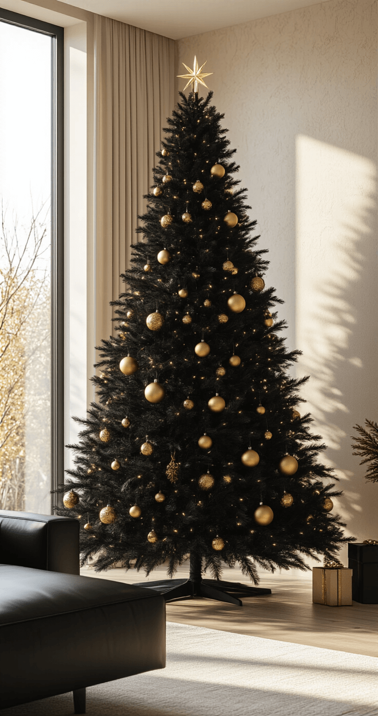 Kerstboom Goud Zwart: Zo Creëer Je Een Luxe Kerstsfeer in Huis Moderne luxe woonkamer met een 2,5 meter hoge zwarte kerstboom versierd met gouden ornamenten, verlicht door het zachte gouden licht van de ondergang.