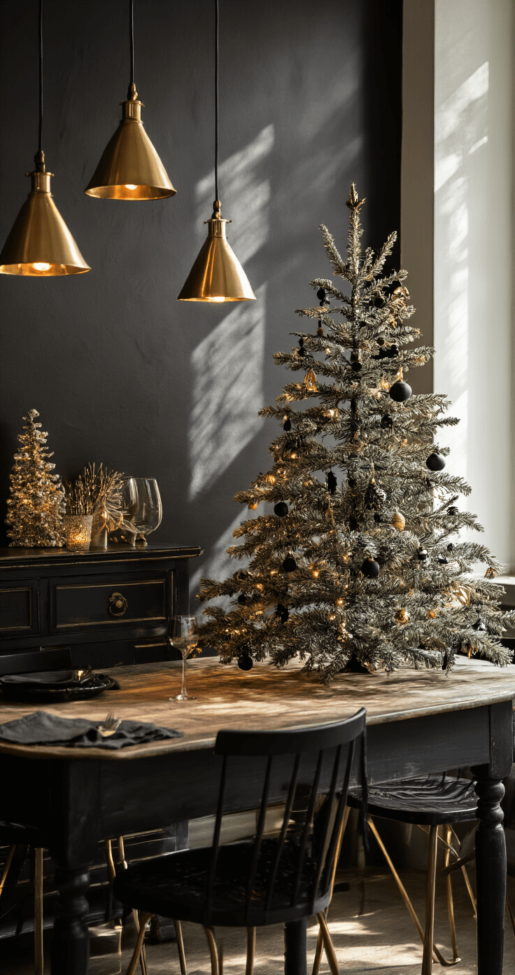 Kerstboom Goud Zwart: Zo Creëer Je Een Luxe Kerstsfeer in Huis Intieme eetruimte met een handgemaakt houten kerstboompje in goud en zwart op een vintage donker houten dressoir. Warm licht van messingen hanglampen schept dramatische schaduw, terwijl een textuur linnen tafelrunner in diep charcoal de minimalistische zwarte eetstoelen met gouden metalen frames omringt.