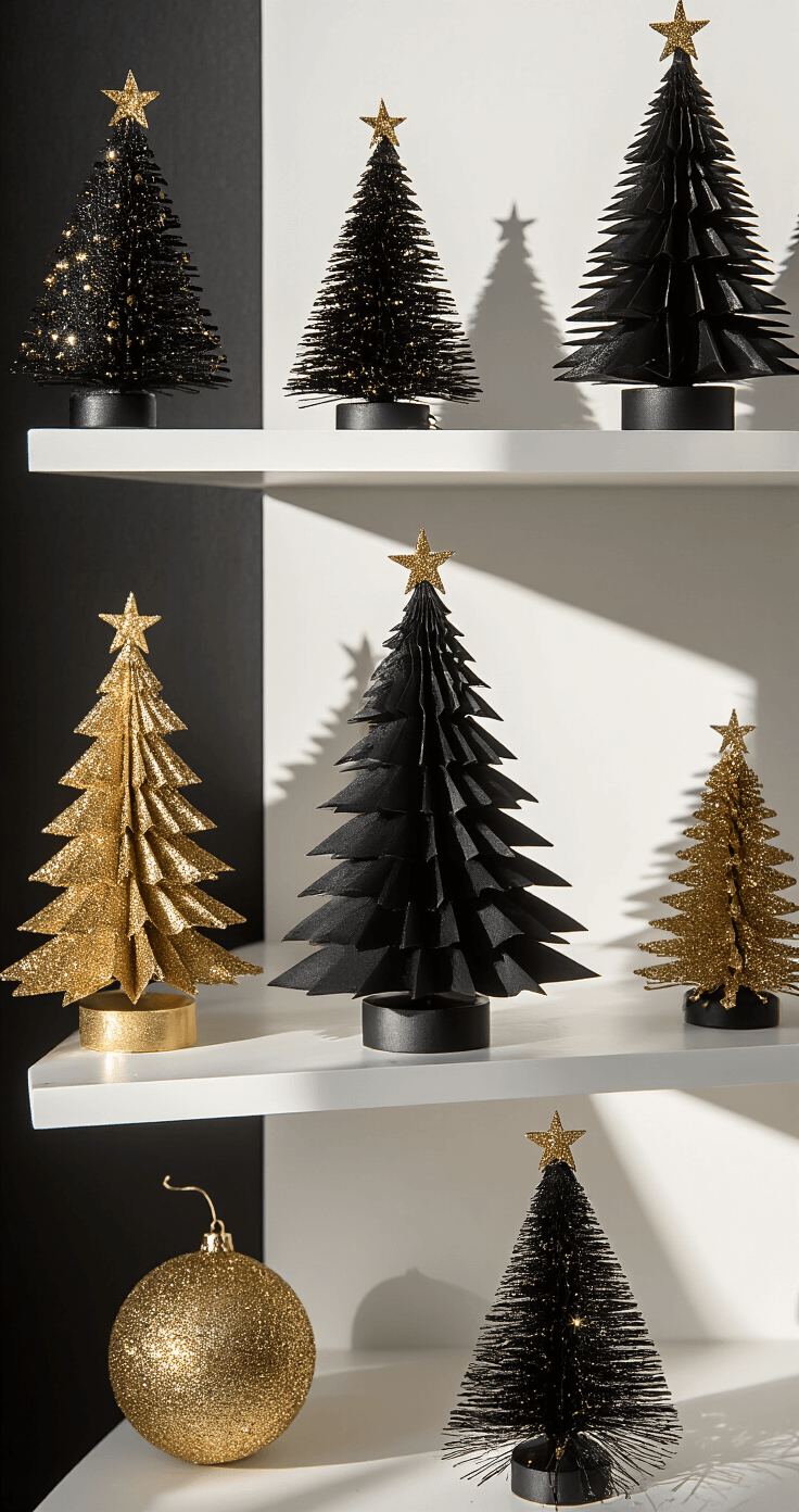 Kerstboom Goud Zwart: Zo Creëer Je Een Luxe Kerstsfeer in Huis Een eigentijdse thuiskantoorhoek met drie in grootte variërende zwarte en gouden papieren kerstbomen op zwevende witte planken. Het scherpe studio-licht accentueert geometrische vormen en glinsterende details. Macro-fotografie onthult complexe texturen van de glinsterende oppervlakken, met een matte zwarte achtergrond en strategische gouden accentverlichting, die een verfijnd en designgericht kerstdecor creëert.