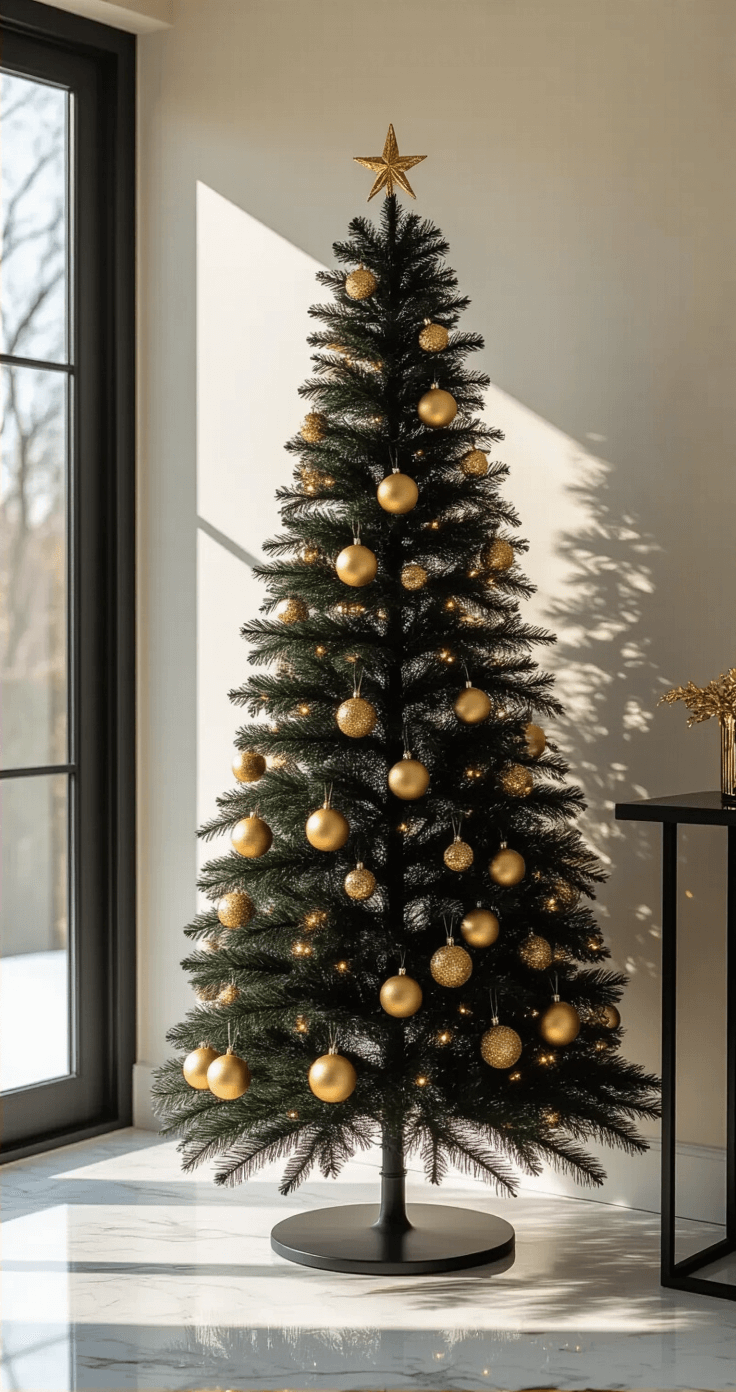 Kerstboom Goud Zwart: Zo Creëer Je Een Luxe Kerstsfeer in Huis Chique entree met een slanke zwarte metalen kerstboom met hangende gouden ornamenten, naast een modern console tafel. Zacht diffuus natuurlijk licht valt binnen en creëert elegante schaduwen, benadrukkend de sculpturale vorm van de boom. Marmeren vloer weerspiegelt een subtiele gouden glans, met minimale zwart- en gouddetails die een hoogwaardige feestelijke esthetiek uitstralen. Professionele interieurfotografie vangt architectonische lijnen en feestelijke elegantie.