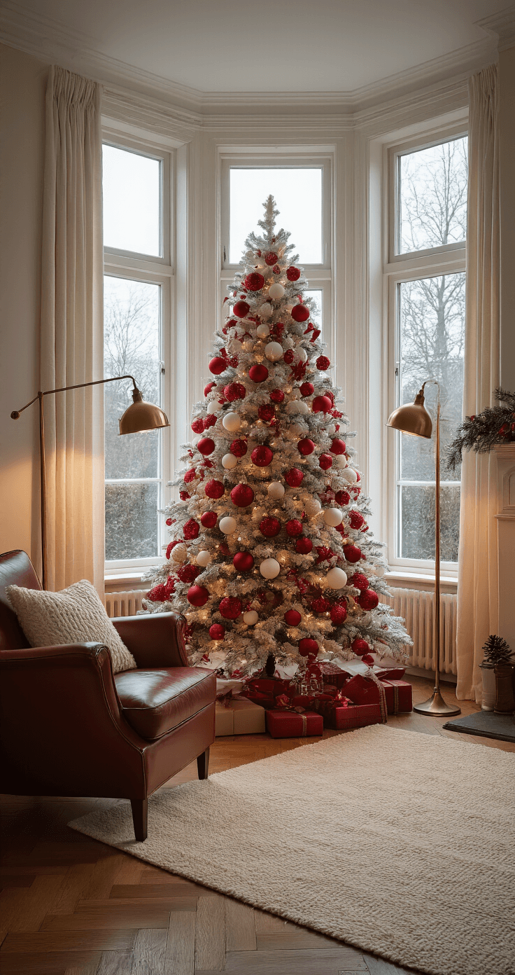 Kerstboom Rood Wit: Zo Creëer je de Perfecte Klassieke Kerstsfeer Ultra-detailed interior of a classic Dutch living room featuring a beautifully styled red and white Christmas tree in a bay window, illuminated by vintage brass floor lamps, with hardwood floors and a cream wool rug, all under soft winter twilight.