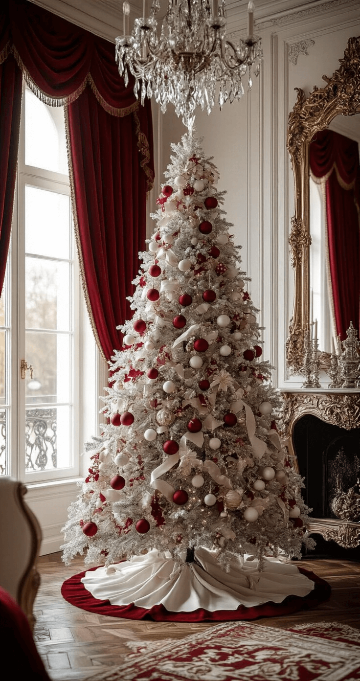 Kerstboom Rood Wit: Zo Creëer je de Perfecte Klassieke Kerstsfeer Luxurious Dutch living room featuring a richly decorated Christmas tree with vintage ornaments, surrounded by opulent velvet curtains and intricate parquet flooring, illuminated by a crystal chandelier and reflecting in a gilded mirror.