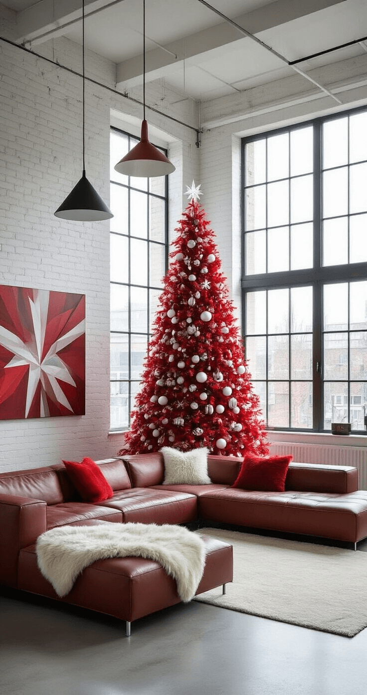 Kerstboom Rood Wit: Zo Creëer je de Perfecte Klassieke Kerstsfeer Contemporary Dutch loft interior featuring a minimalist red and white Christmas tree, exposed brick walls, industrial windows, modern leather sectional, and geometric pendant lights, captured in soft natural light with high-contrast shadows.
