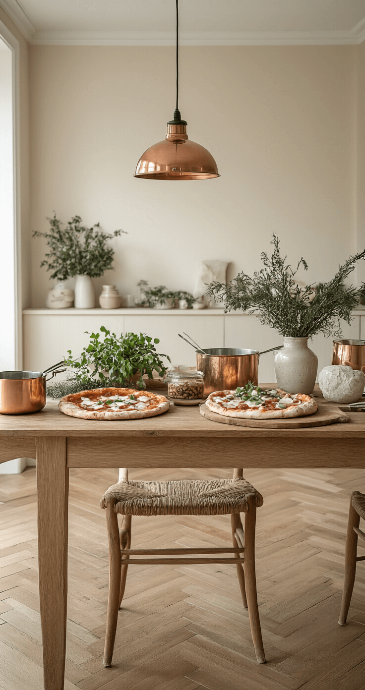 Pizza Kerstboom: Zo Maak Je Deze Feestelijke Eyecatcher Voor Je Kerstdiner Cozy Dutch living room with wooden parquet flooring and soft cream walls, featuring minimalist holiday decor. A vintage wooden dining table is artfully arranged with pizza ingredients, copper mixing bowls, and fresh herbs in ceramic vases. Warm amber lighting from a designer pendant lamp casts natural soft shadows, captured from a slightly elevated angle that highlights intricate table styling.