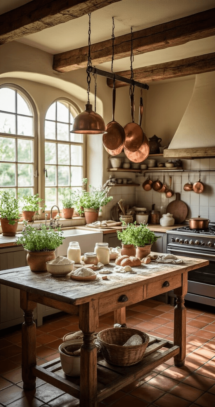 Pizza Kerstboom: Zo Maak Je Deze Feestelijke Eyecatcher Voor Je Kerstdiner A rustic Dutch farmhouse kitchen featuring exposed wooden beams, terracotta tile flooring, and a large vintage wooden table adorned with baking ingredients. Copper utensils dangle from hooks, while warm sunlight streams through mullioned windows, illuminating fresh herbs in ceramic pots. The scene is styled with organic and imperfect arrangements, creating a soft focus on the background textures.