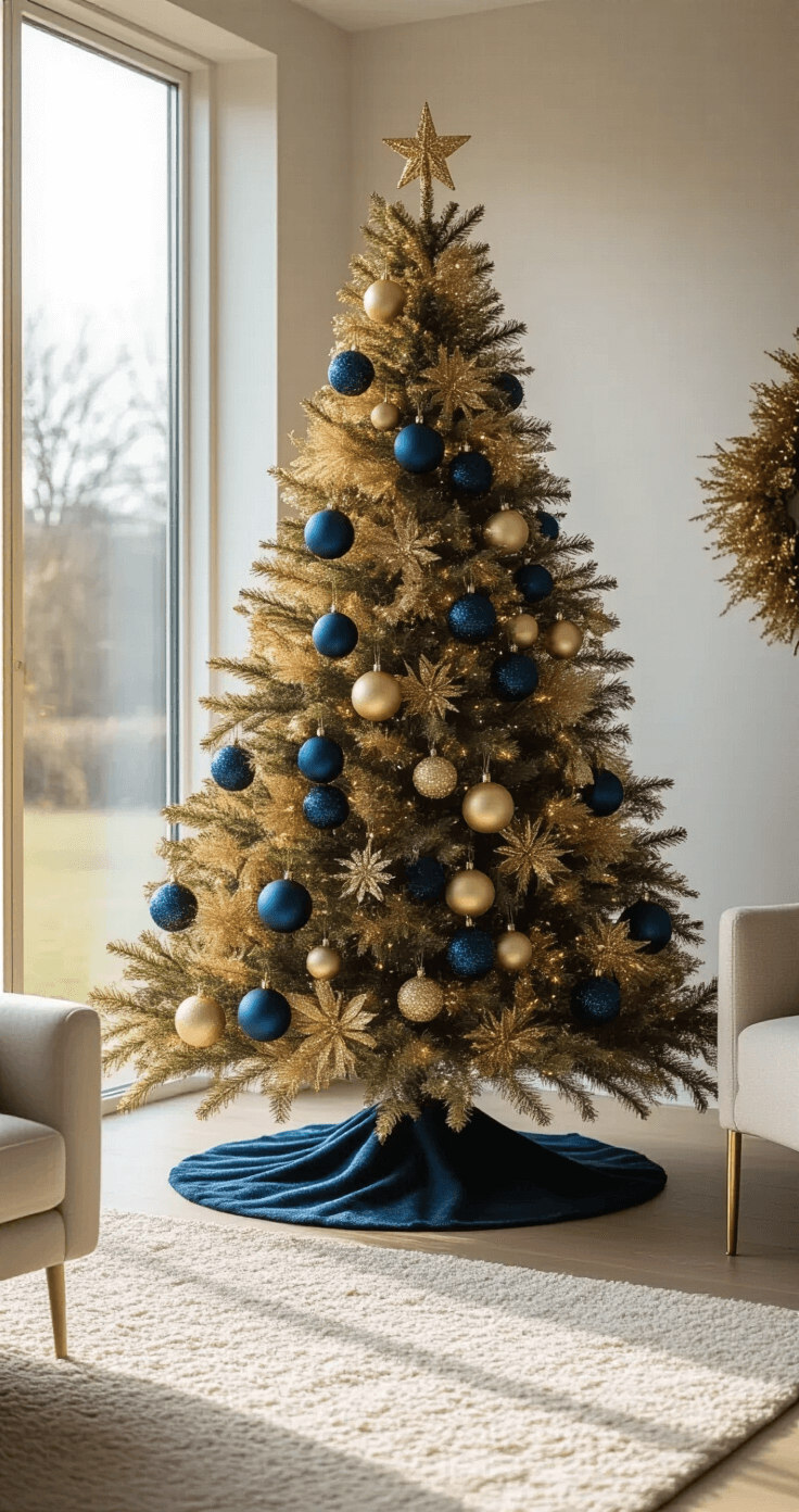 Gouden Kerstboom Styling: Zo Creëer Je Een Luxe Kerstsfeer Een luxe goudthema kerstboom in een moderne Nederlandse woonkamer, met grote ramen en zacht winterlicht, versierd met champagnegouden en pauwblauwe ornamenten, een hoogwaardig wollen tapijt eronder en minimalistisch meubilair.
