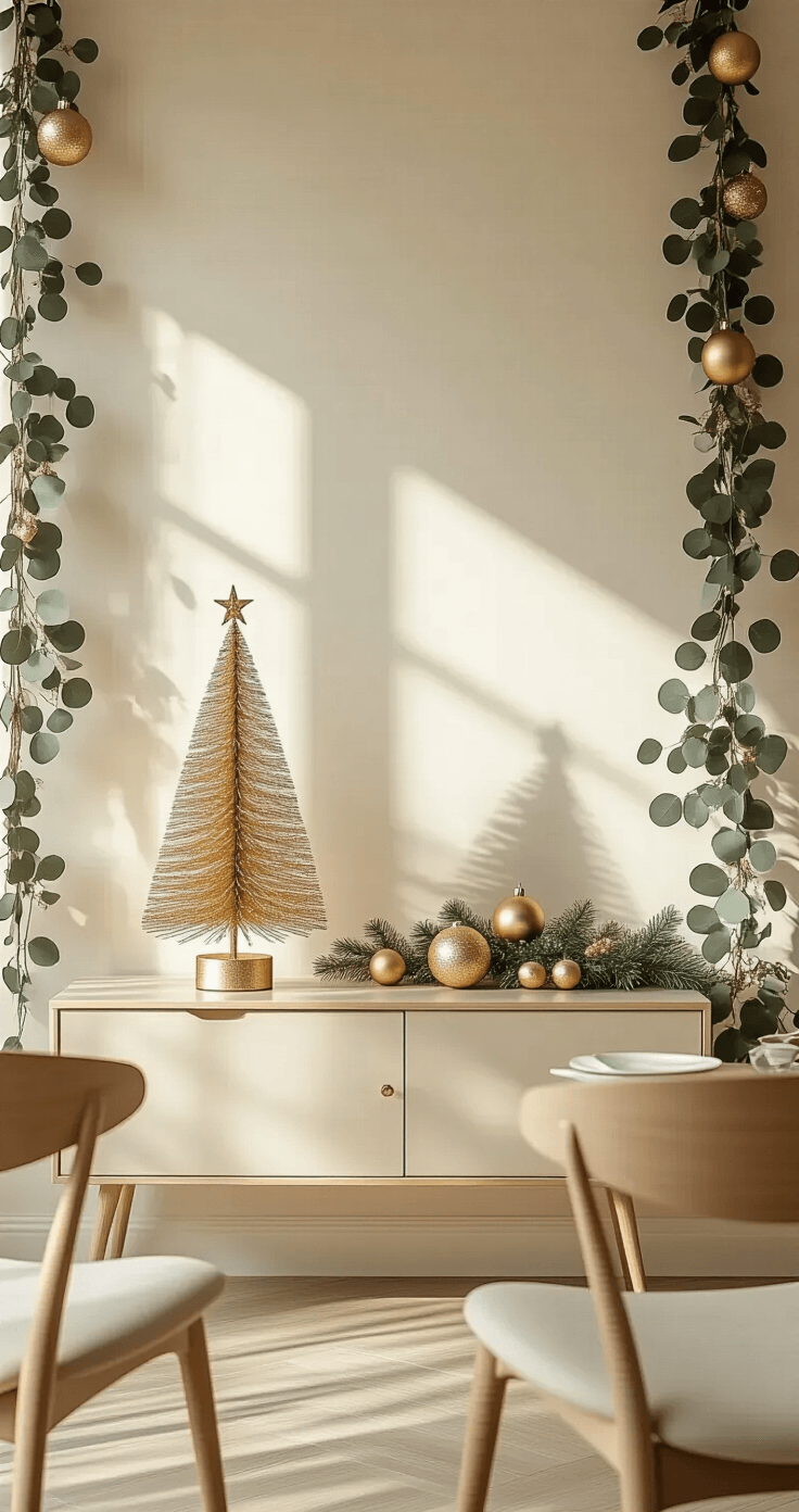 Gouden Kerstboom Styling: Zo Creëer Je Een Luxe Kerstsfeer Intieme eetruimte met minimalistische gouden kerstdecoraties, inclusief een klein metallic gouden accentboom op een slanke sidetable. Zachte crèmekleurige muren, moderne Scandinavisch geïnspireerde stoelen in licht hout. Eucalyptusguirlandes met subtiele gouden spray om de randen van de kamer. Namiddaglicht dat zachte schaduwen creëert, benadrukt de texturen van matte en glanzende gouden ornamenten. Laag shot dat de intieme scène vastlegt, met focus op delicate decoratieve details en een verfijnd kleurenpalet.