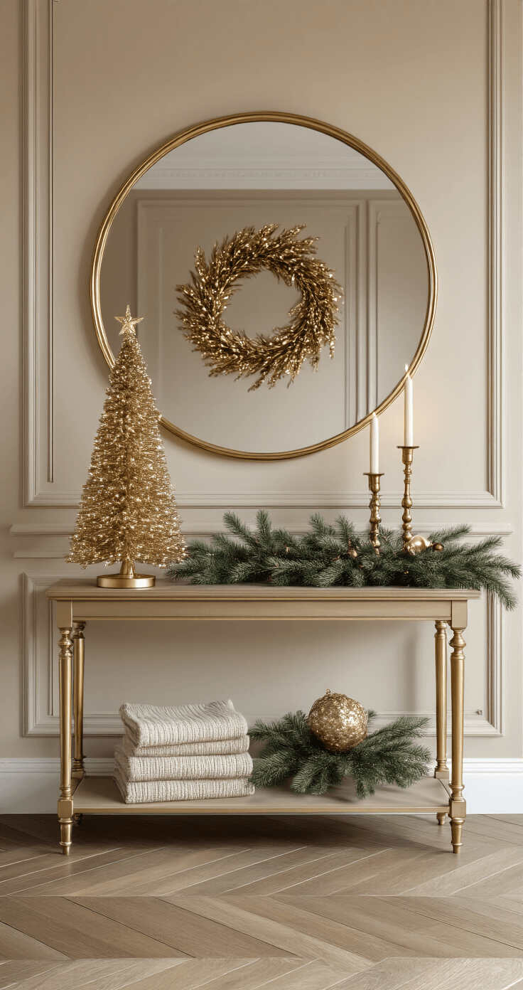 Gouden Kerstboom Styling: Zo Creëer Je Een Luxe Kerstsfeer Elegante entree met gouden kerstdecoratie, consoletafel met mini-gouden boom, vintage bronzen kaarsenhouders en subtiele groenaccenten, warme taupe muren, visgraat houten vloer, grote ronde spiegel met gouden rand, sfeervolle verlichting en asymmetrische compositie.