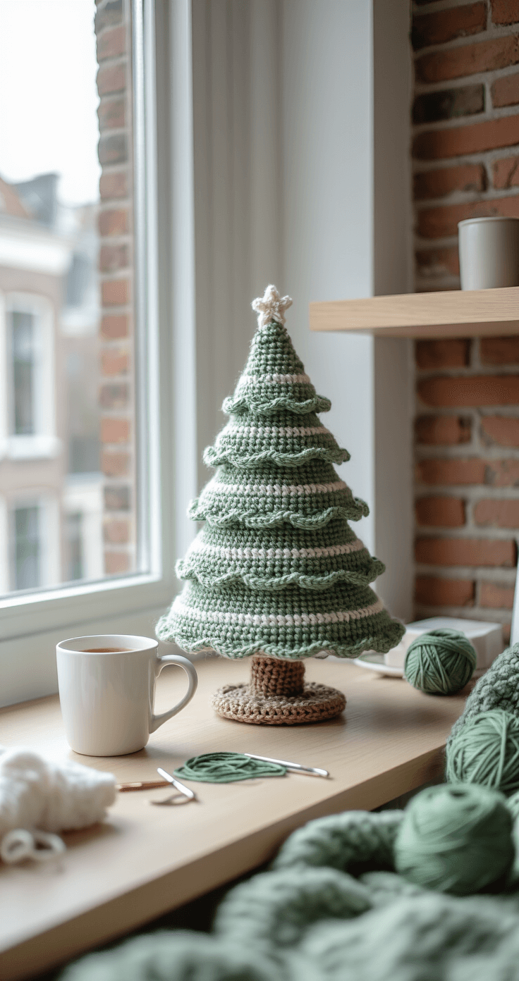 Gehaakte Kerstboom: Jouw Complete Gids voor een Handgemaakt Kerstsprookje Intieme, sfeervolle scène van een compact werkruimte in een Amsterdams appartement, met een klein gehaakt kerstboompje op een zwevende houten plank, verlicht door zacht grijs daglicht vanuit hoge, smalle ramen. Moderne minimalistische bureau met een witte keramische mok, verspreide haaknaalden en groen katoen garen, tegen een achtergrond van een blootgestelde bakstenen muur in neutrale kleuren.