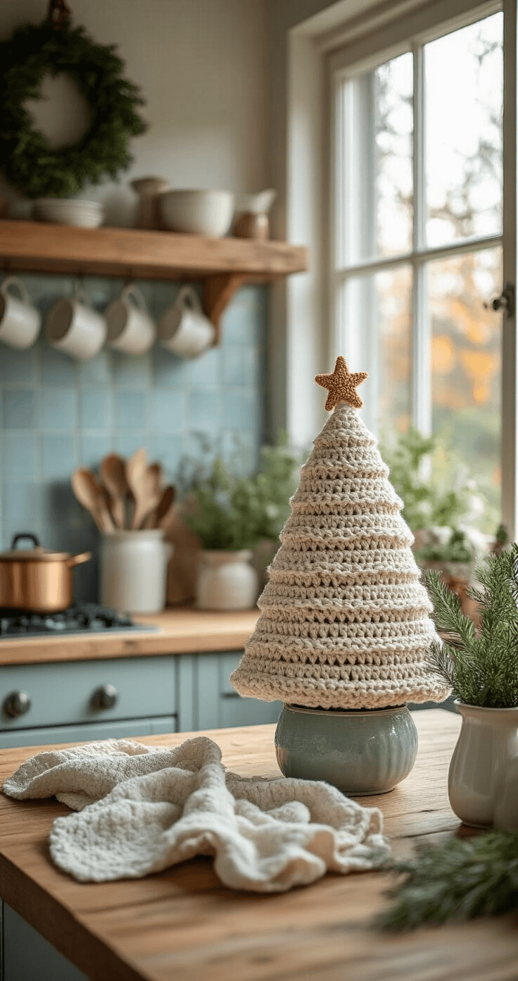 Gehaakte Kerstboom: Jouw Complete Gids voor een Handgemaakt Kerstsprookje Warm, inviting Dutch kitchen interior with a handmade crocheted Christmas tree in a vintage ceramic planter, soft blue-gray ceramic tiles, rustic wooden island, fresh herbs, and copper cooking utensils, illuminated by bright natural morning light.