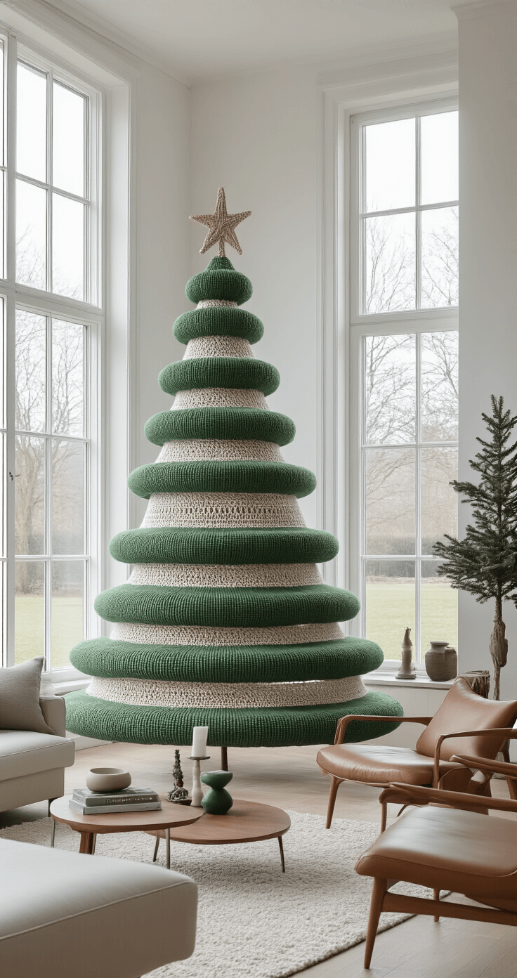 Gehaakte Kerstboom: Jouw Complete Gids voor een Handgemaakt Kerstsprookje Elegant Scandinavian-inspired Dutch living room featuring a unique architectural crocheted Christmas tree installation, minimalist white walls, floor-to-ceiling windows illuminated by soft winter light, mid-century modern furniture in soft leather and walnut, and a carefully styled side table with vintage decor and subtle holiday accents.